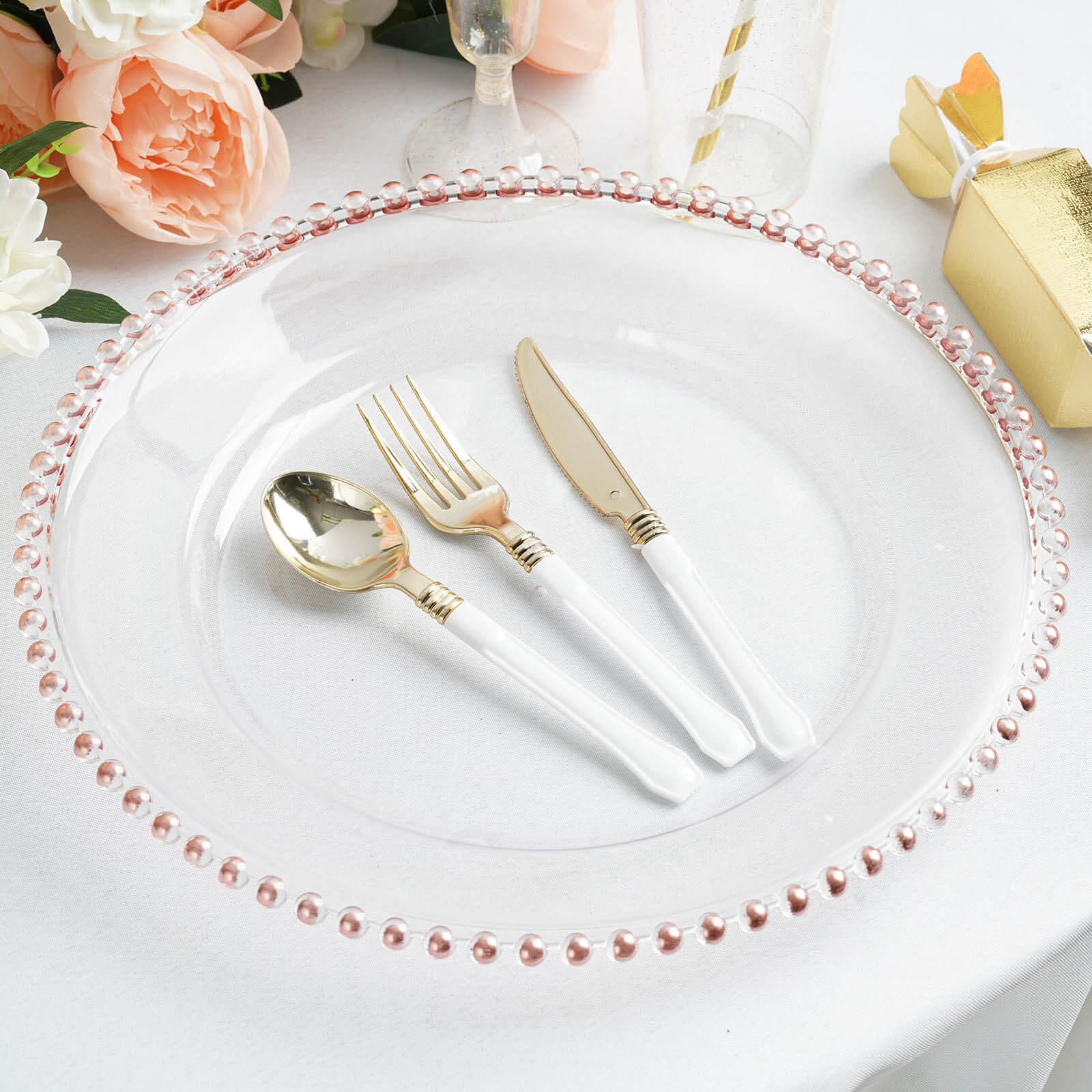 6-Pack Acrylic Charger Plates 13" Round Clear with Rose Gold Beaded Rim - Decorative Dinner Party Serving Plates - Image 6