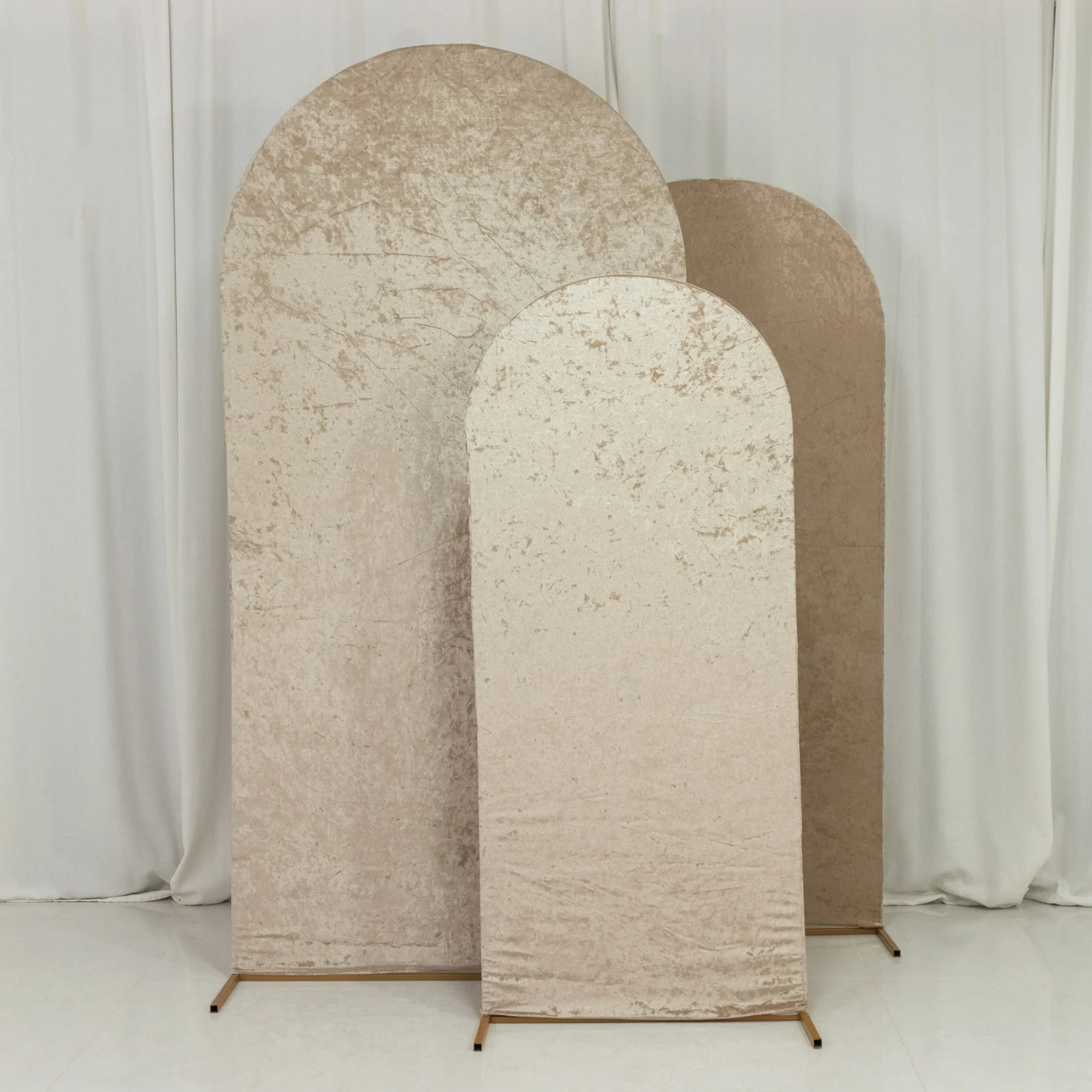 Set of 3 Beige Crushed Velvet Chiara Wedding Arch Covers For Round Top Backdrop Stands 5ft, 6ft, 7ft