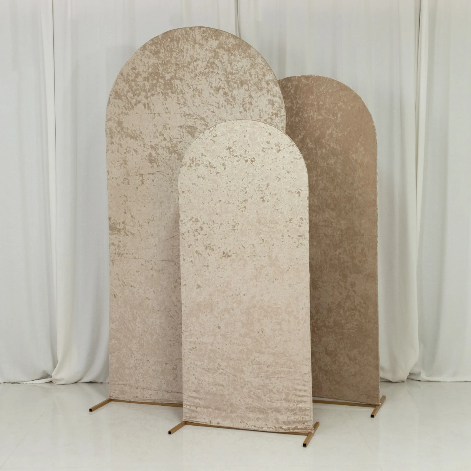 Set of 3 Beige Crushed Velvet Chiara Wedding Arch Covers For Round Top Backdrop Stands 5ft, 6ft, 7ft - Image 2