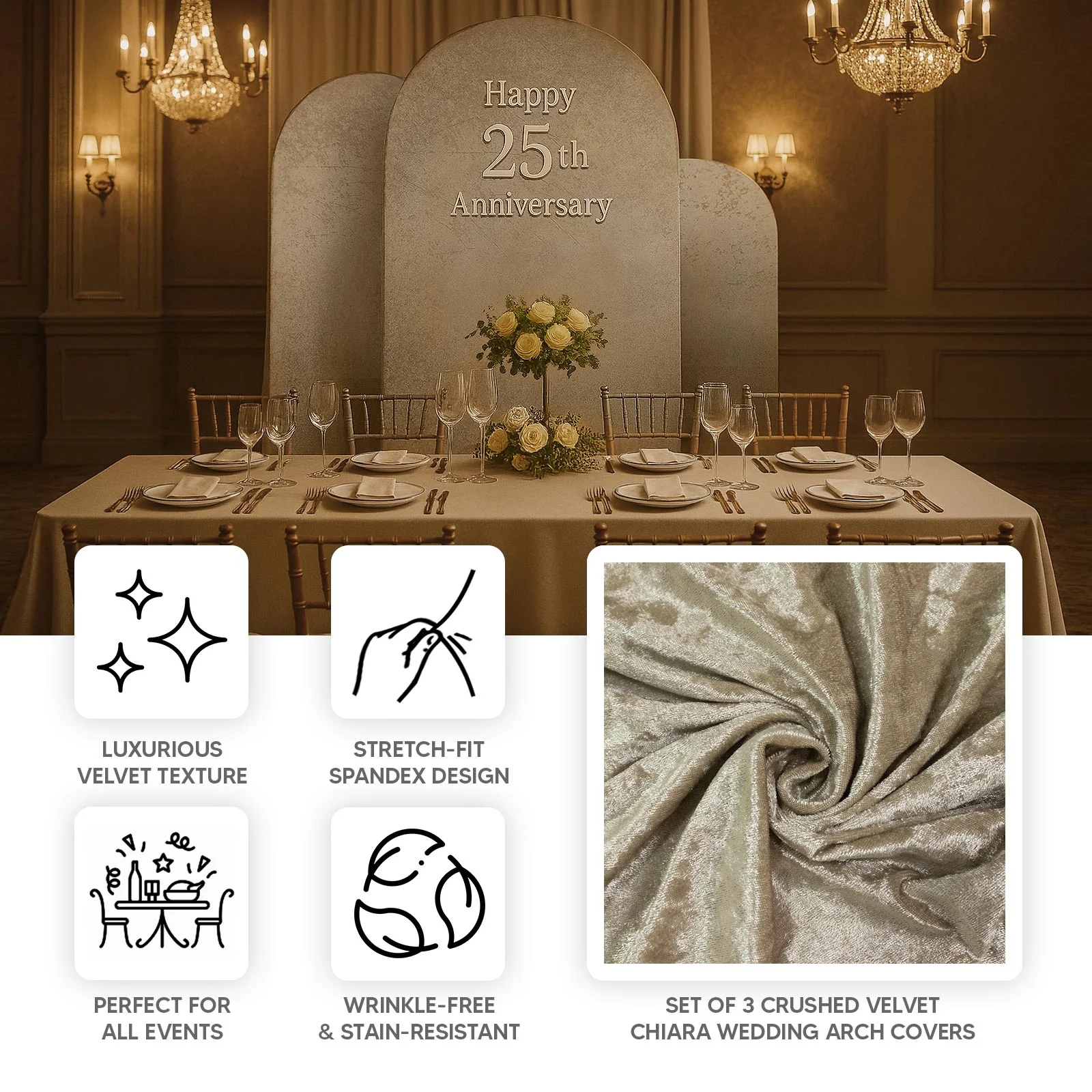 Set of 3 Beige Crushed Velvet Chiara Wedding Arch Covers For Round Top Backdrop Stands 5ft, 6ft, 7ft - Image 4