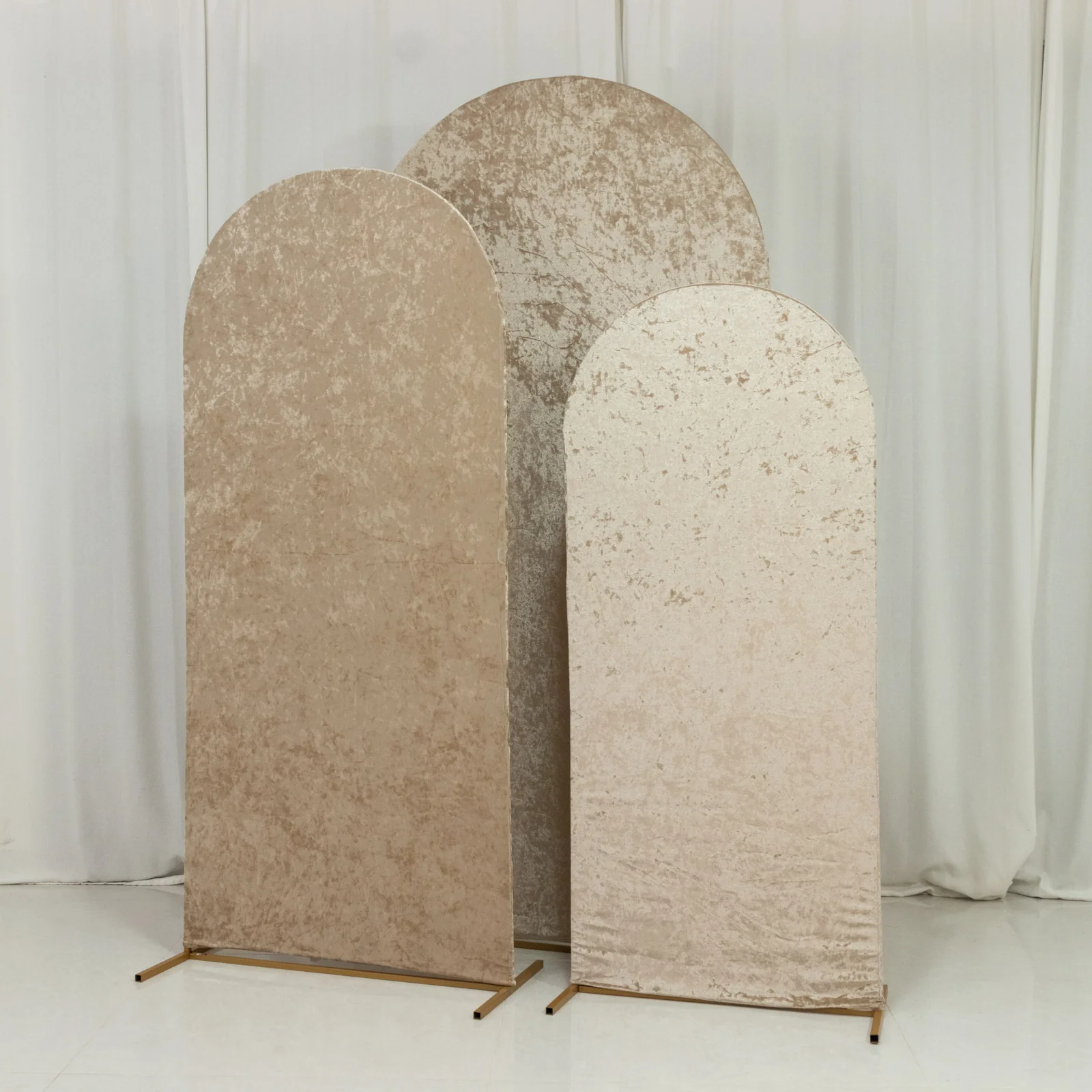 Set of 3 Beige Crushed Velvet Chiara Wedding Arch Covers For Round Top Backdrop Stands 5ft, 6ft, 7ft - Image 6