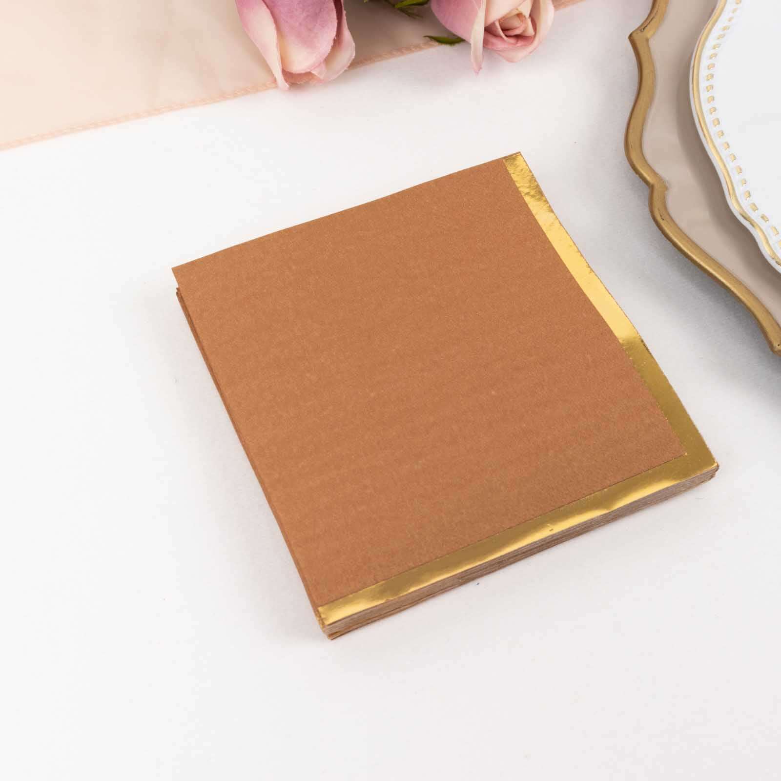 50-Pack Paper Beverage Napkins 2 Ply Terracotta (Rust) with Gold Foil Edge 5"x5" - Soft Disposable Cocktail Napkins 18GSM