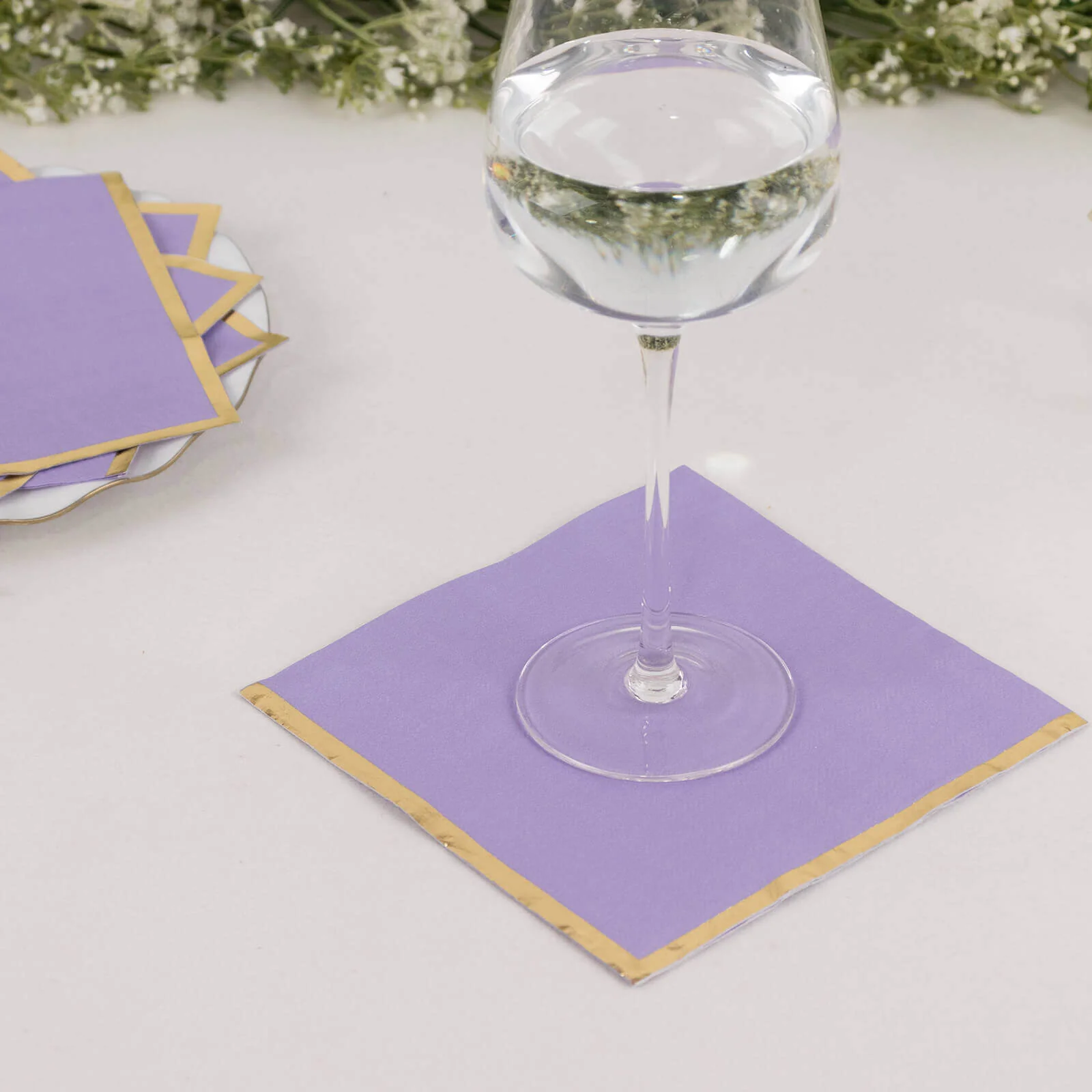 50-Pack Paper Beverage Napkins 2 Ply Lavender with Gold Foil Edge 6.5"x6.5" - Soft Disposable Cocktail Napkins - Image 7