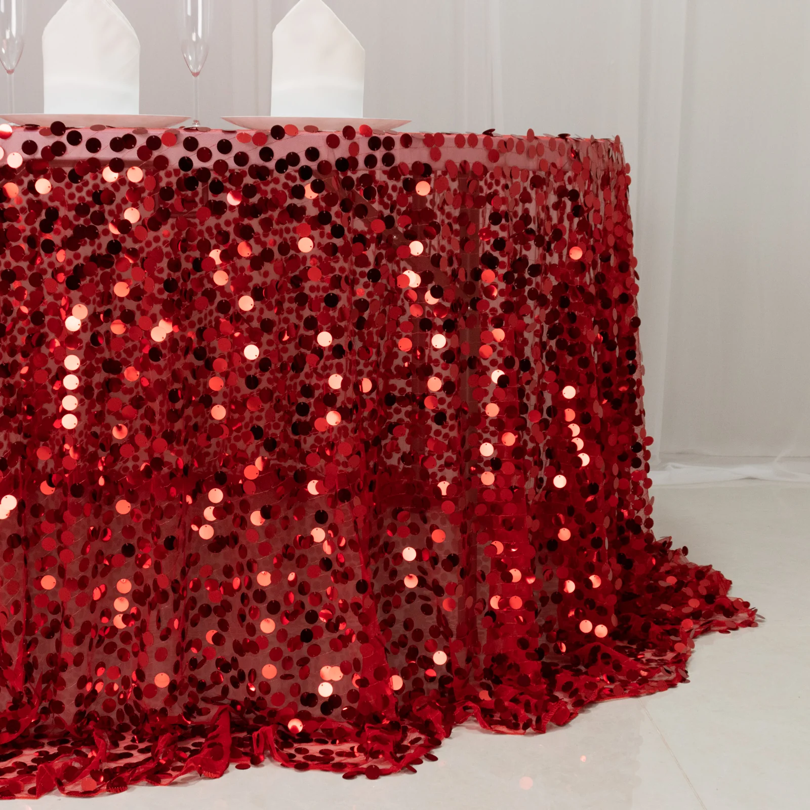 Sequin Round Tablecloth 132" Red - Big Payette Table Cover - Image 2