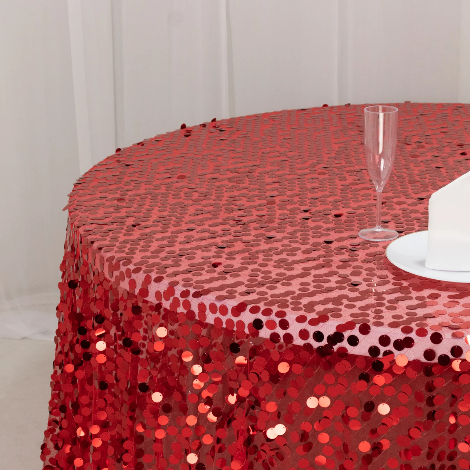 Sequin Round Tablecloth 132" Red - Big Payette Table Cover - Image 8
