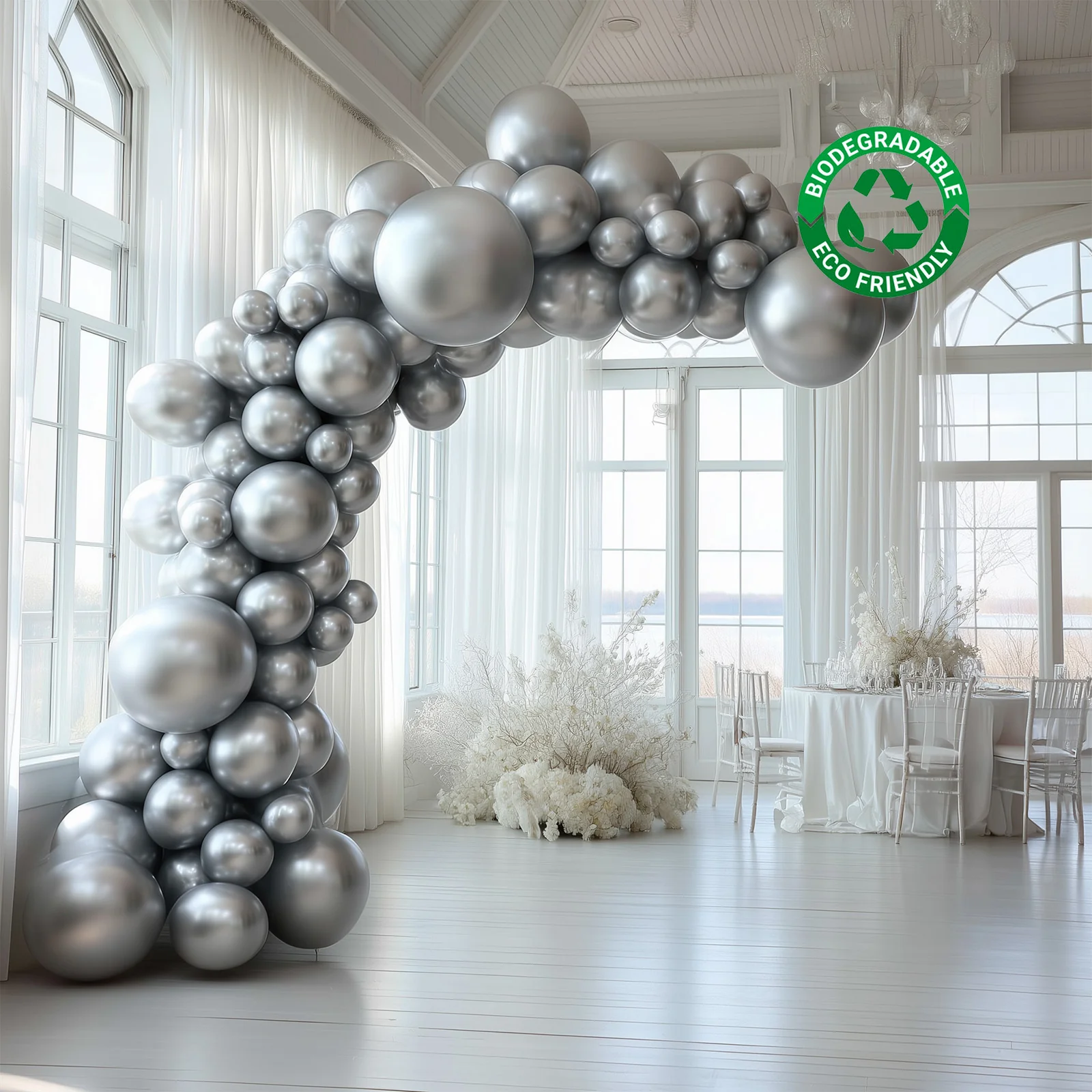 Biodegradable Balloon Arch Kit – Set of 110 Silver Latex Garland, Extra Strong & Eco-Friendly