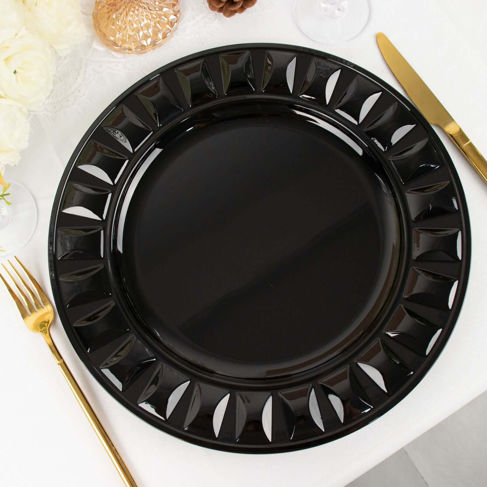 6-Pack Plastic Charger Plates 13" Round Black Bejeweled Rim - Dinner Charger Tableware