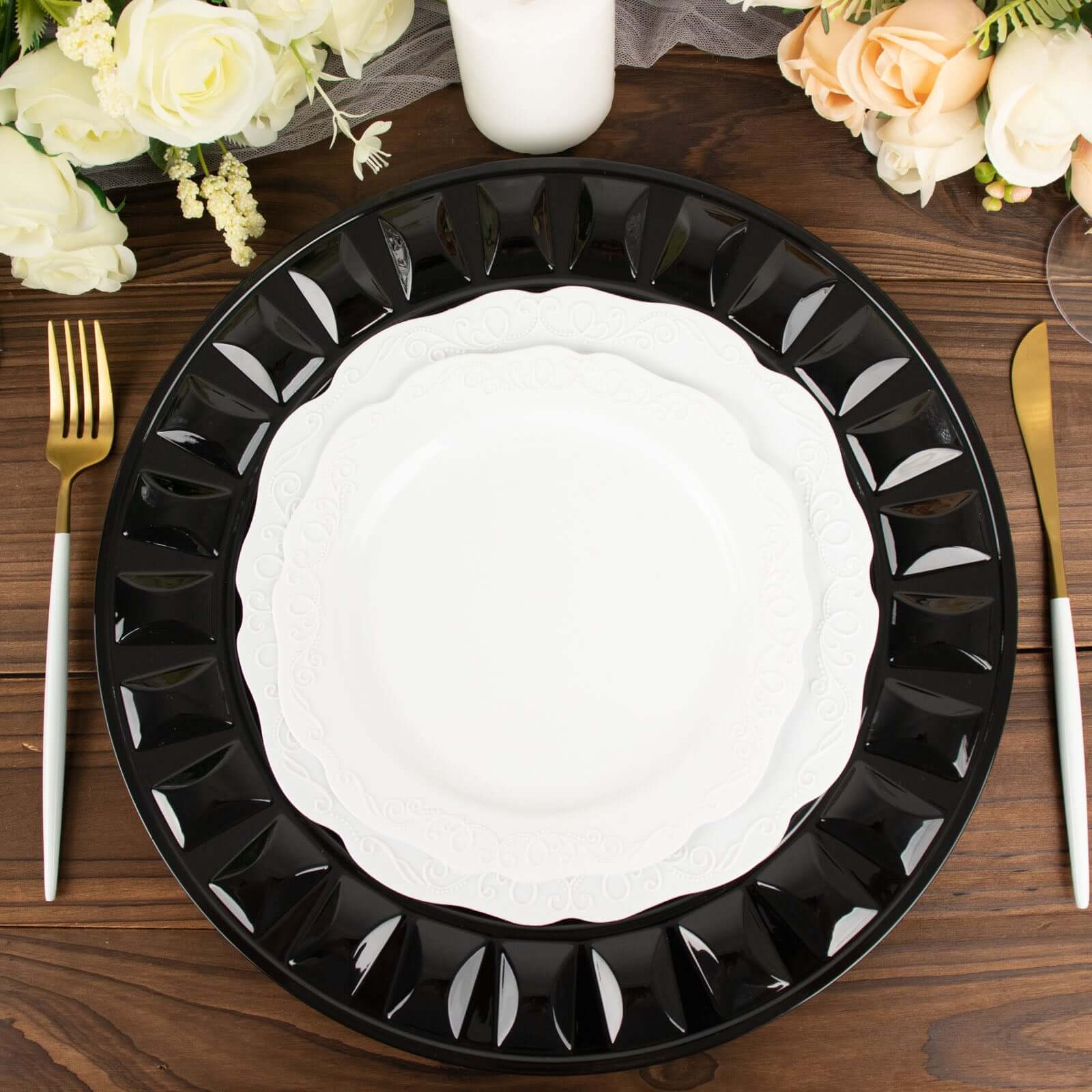 6-Pack Plastic Charger Plates 13" Round Black Bejeweled Rim - Dinner Charger Tableware - Image 8