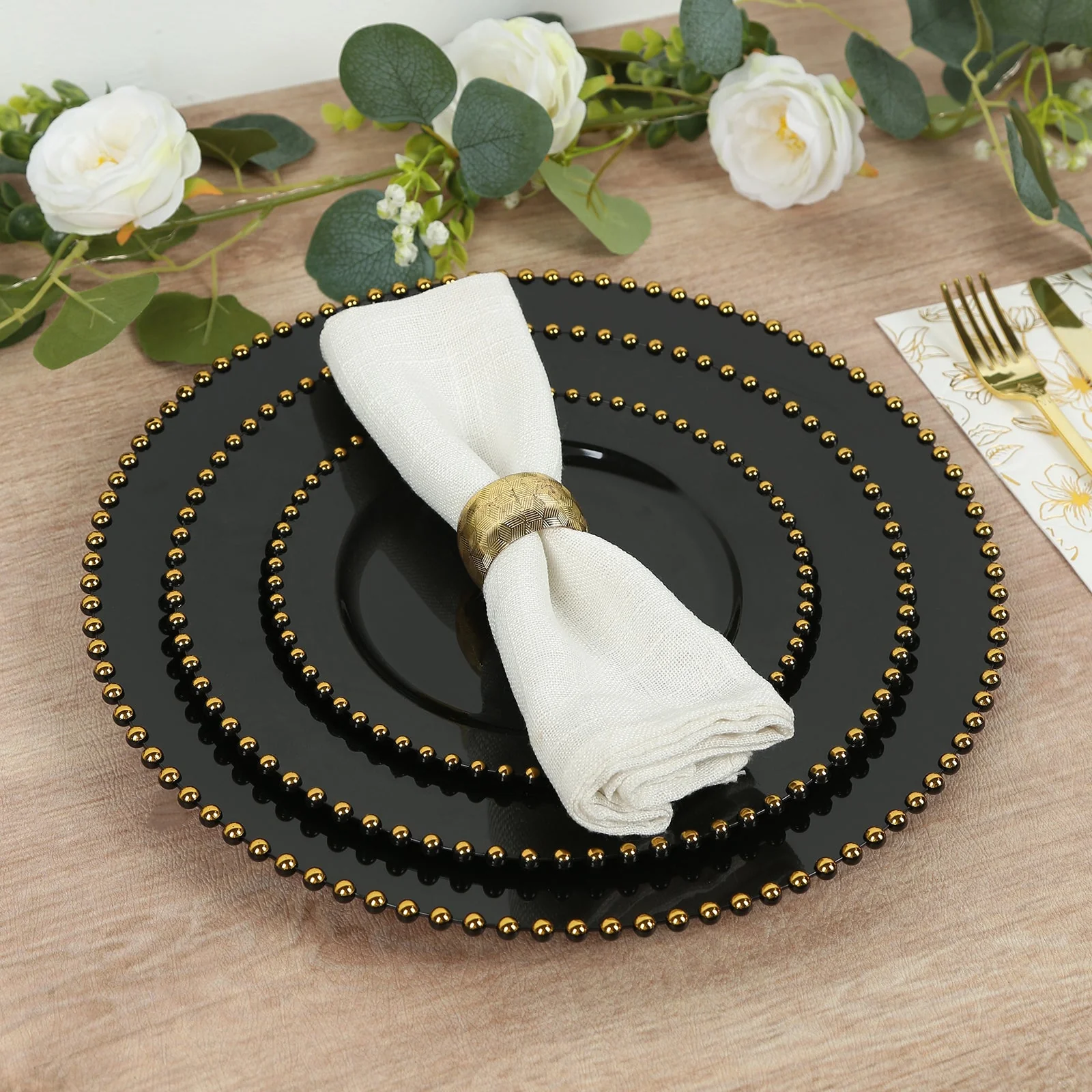 10-Pack Economy Plastic Charger Plates 13" Round Black with Gold Beaded Rim - Stylish Dinner Party Serving Plates - Image 2