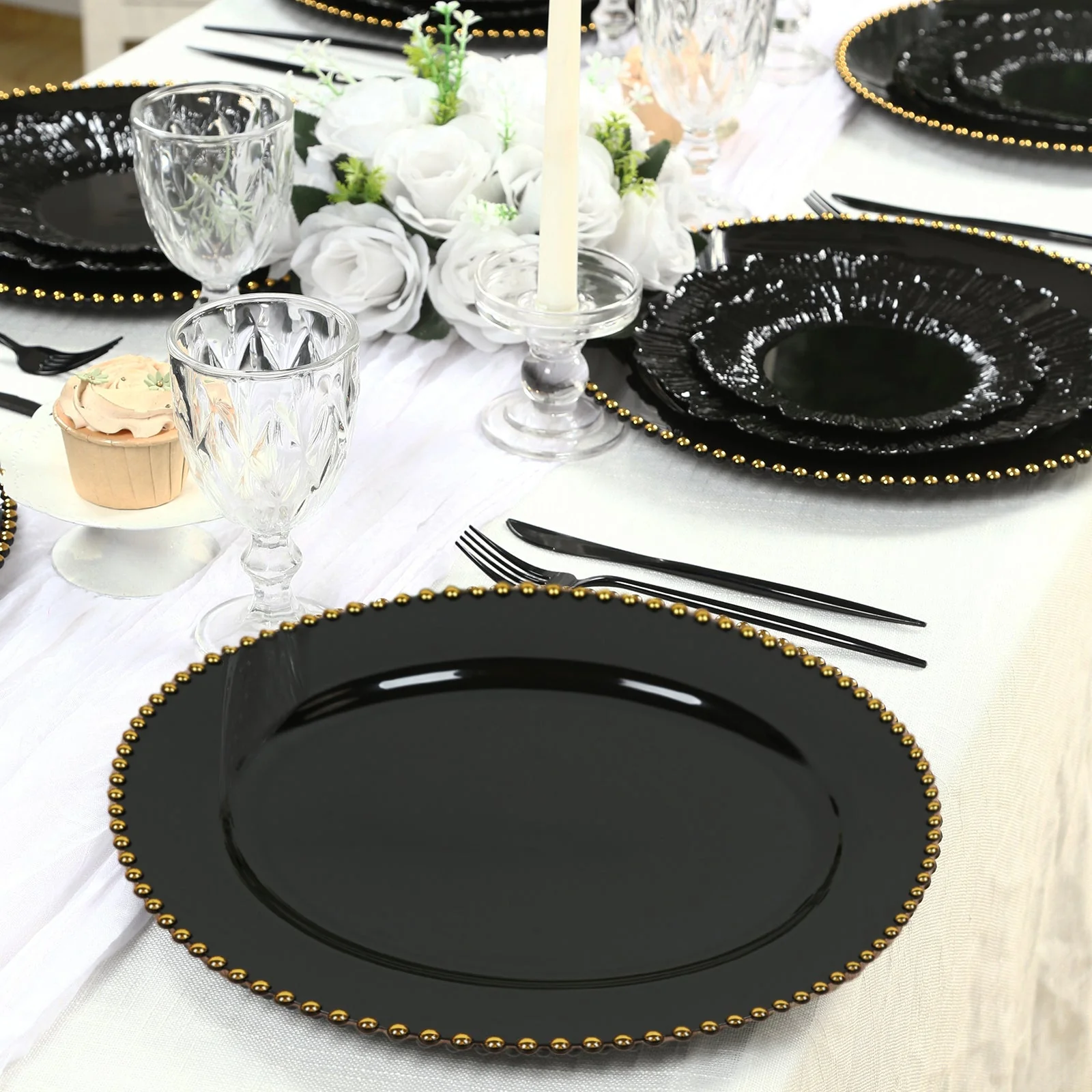 10-Pack Economy Plastic Charger Plates 13" Round Black with Gold Beaded Rim - Stylish Dinner Party Serving Plates - Image 8