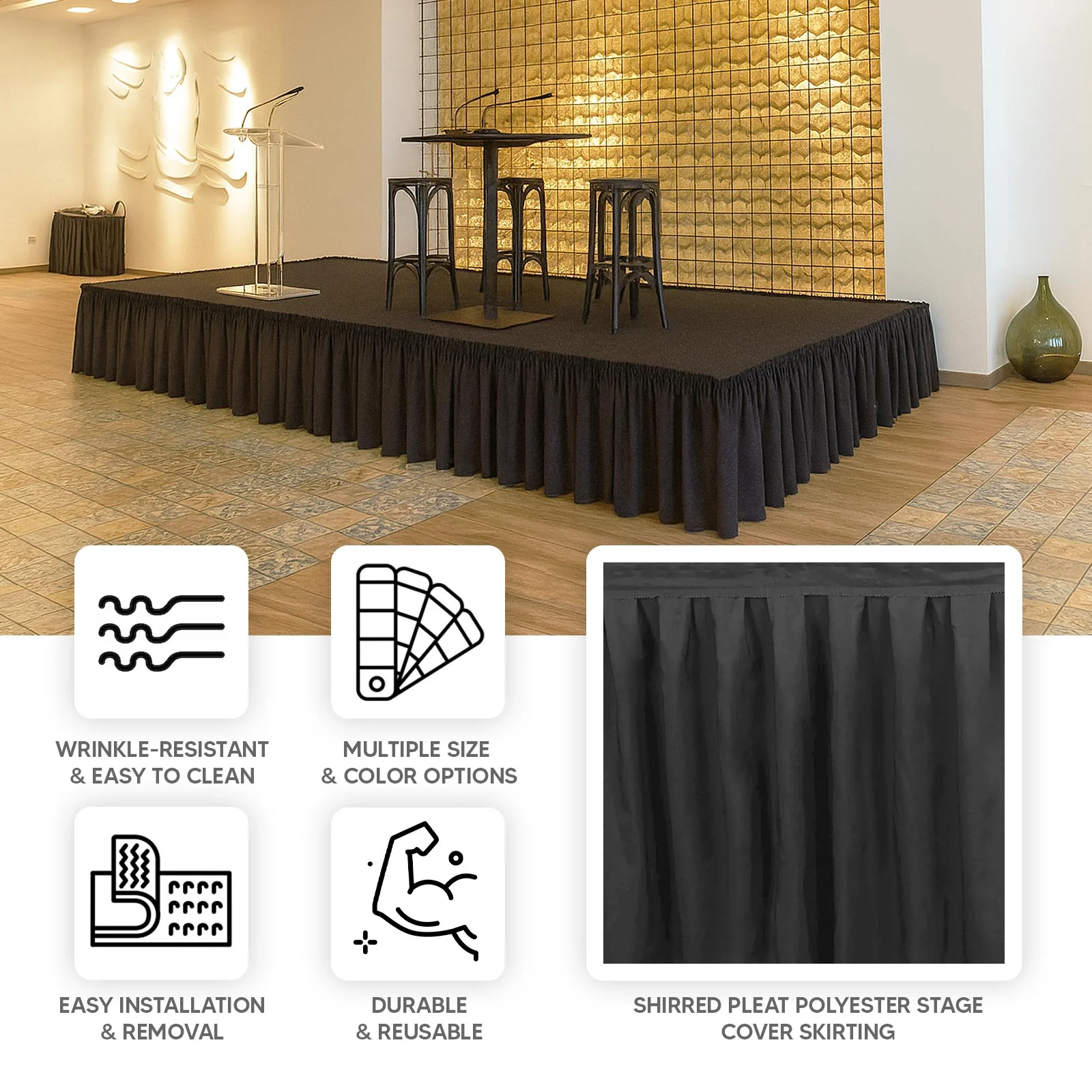 Portable Stage Skirting Polyester Shirred Pleat Stage Cover for Wedding Platform Black - 36"x20ft - Image 4