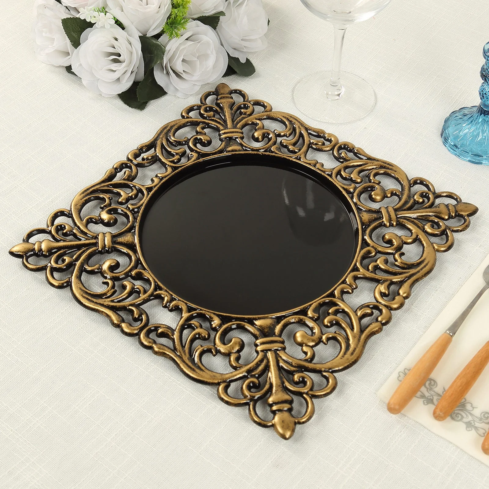 6-Pack Acrylic Charger Plates 12" Square Black with Antique Gold Hollow Lace Border - Event Tabletop Decorative Charger Tableware - Image 4