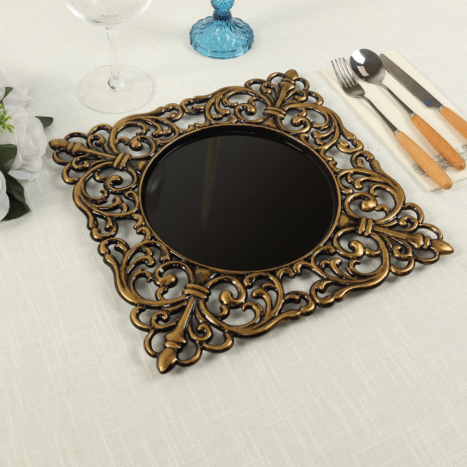 6-Pack Acrylic Charger Plates 12" Square Black with Antique Gold Hollow Lace Border - Event Tabletop Decorative Charger Tableware - Image 5