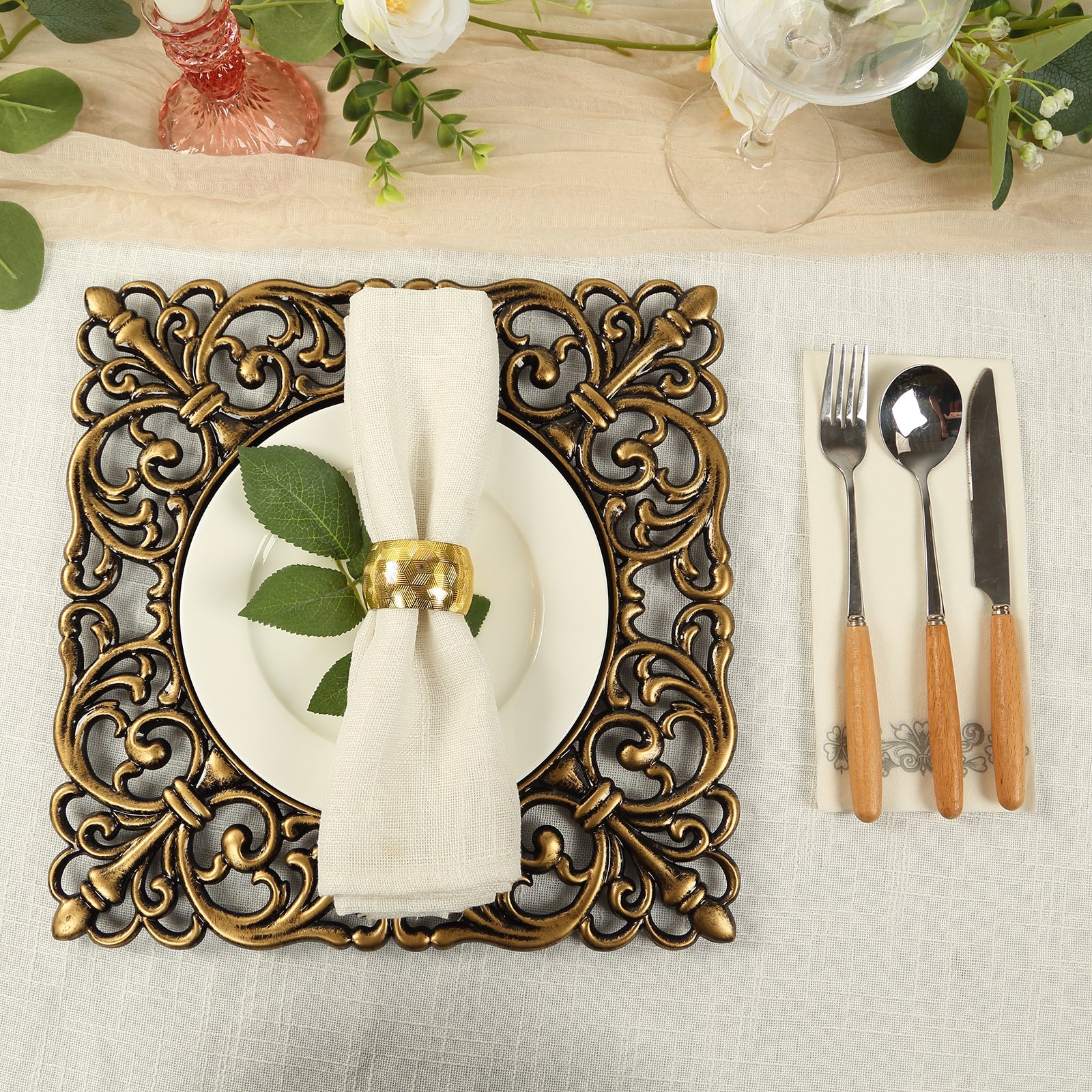 6-Pack Acrylic Charger Plates 12" Square Black with Antique Gold Hollow Lace Border - Event Tabletop Decorative Charger Tableware - Image 6