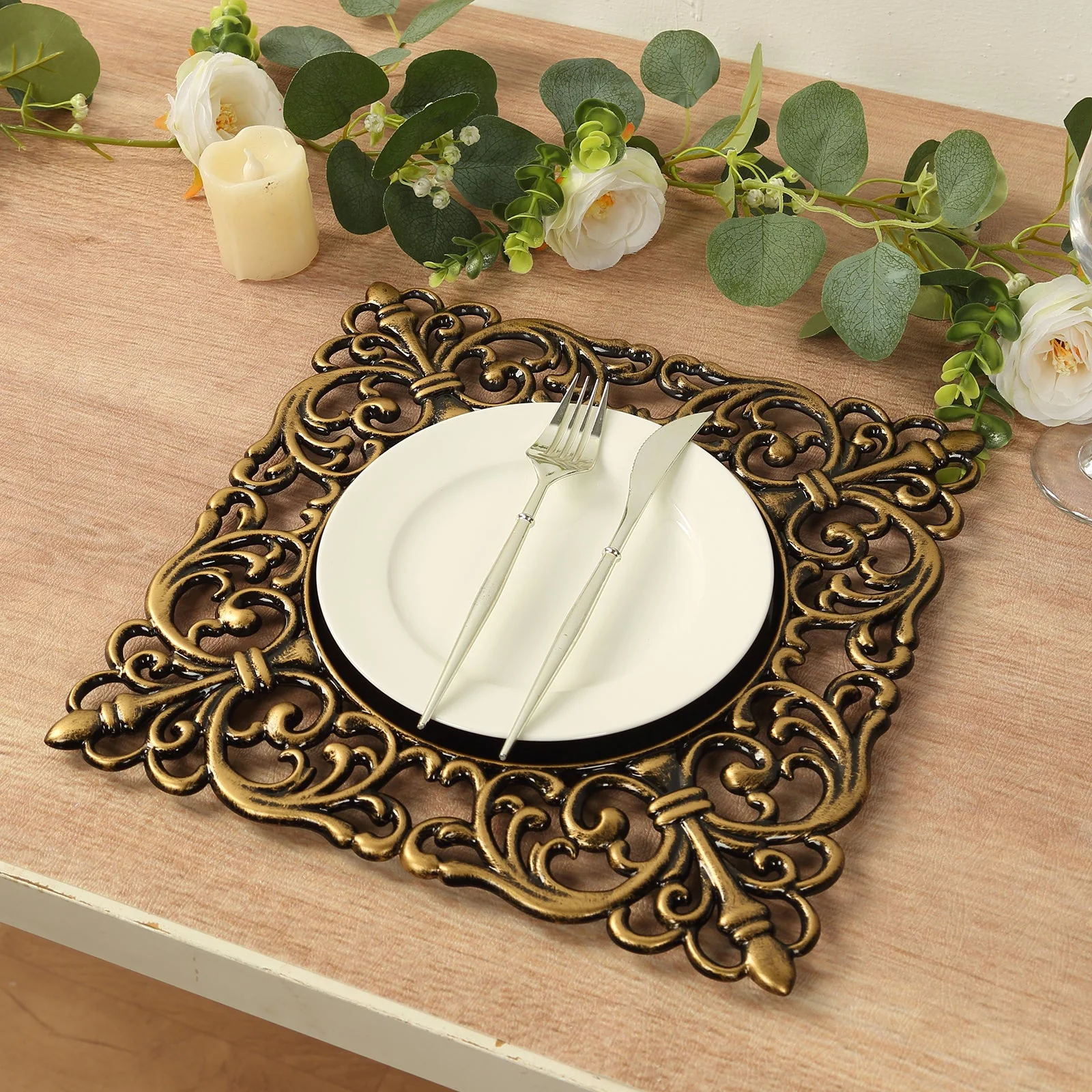 6-Pack Acrylic Charger Plates 12" Square Black with Antique Gold Hollow Lace Border - Event Tabletop Decorative Charger Tableware - Image 7