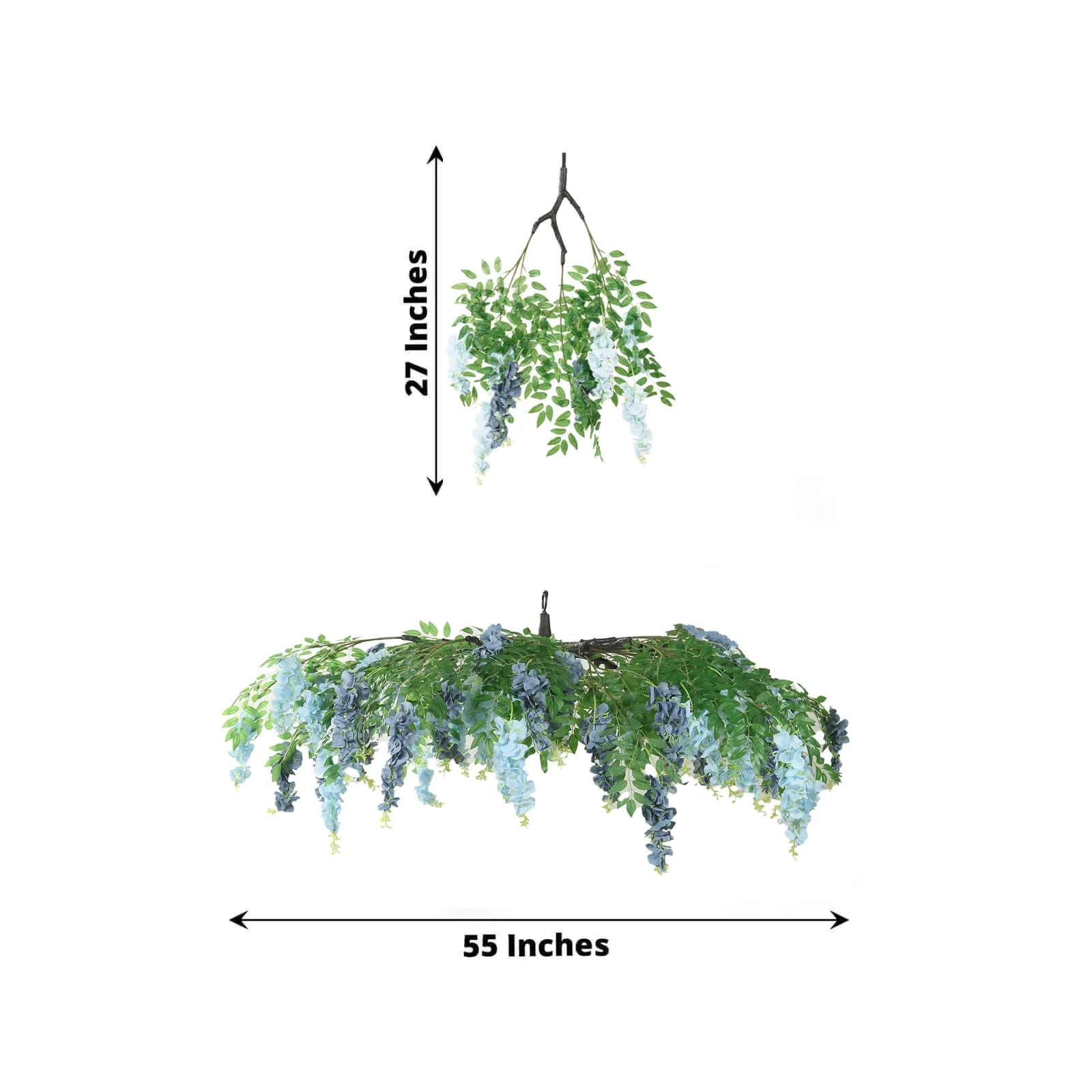 Artificial Silk Wisteria Vine Round Hanging Canopy in Dusty & Light Blue, Draping Garland Flower Chandelier With Interchangeable Branches 55" - Image 3