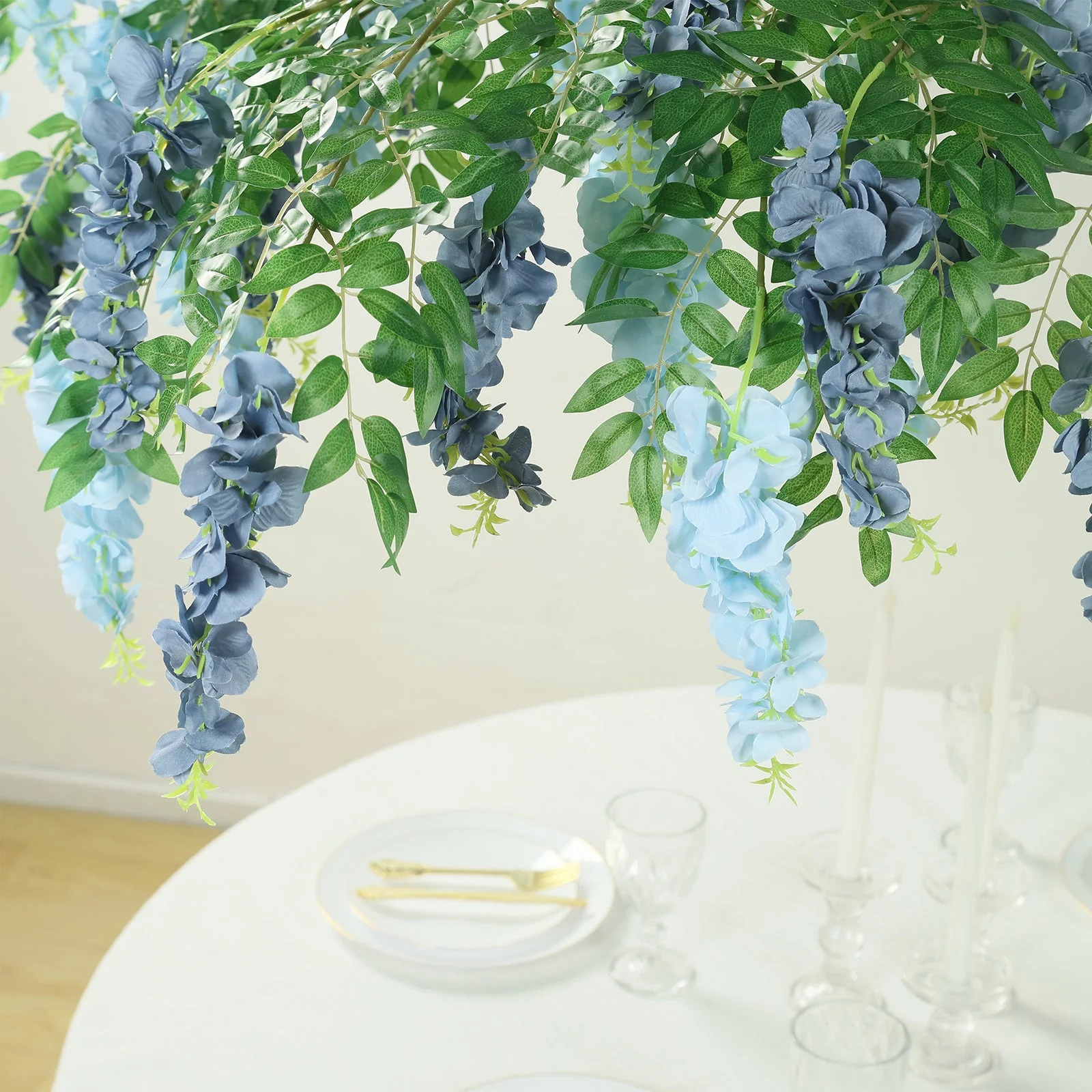 Artificial Silk Wisteria Vine Round Hanging Canopy in Dusty & Light Blue, Draping Garland Flower Chandelier With Interchangeable Branches 55" - Image 7