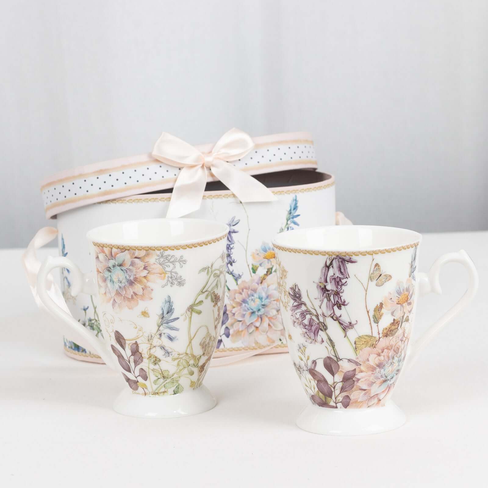 Blush Floral Design Bridal Shower Gift Set, 2 Pack Porcelain Coffee Mugs With Matching Keepsake Gift Box and Satin Ribbon Handle