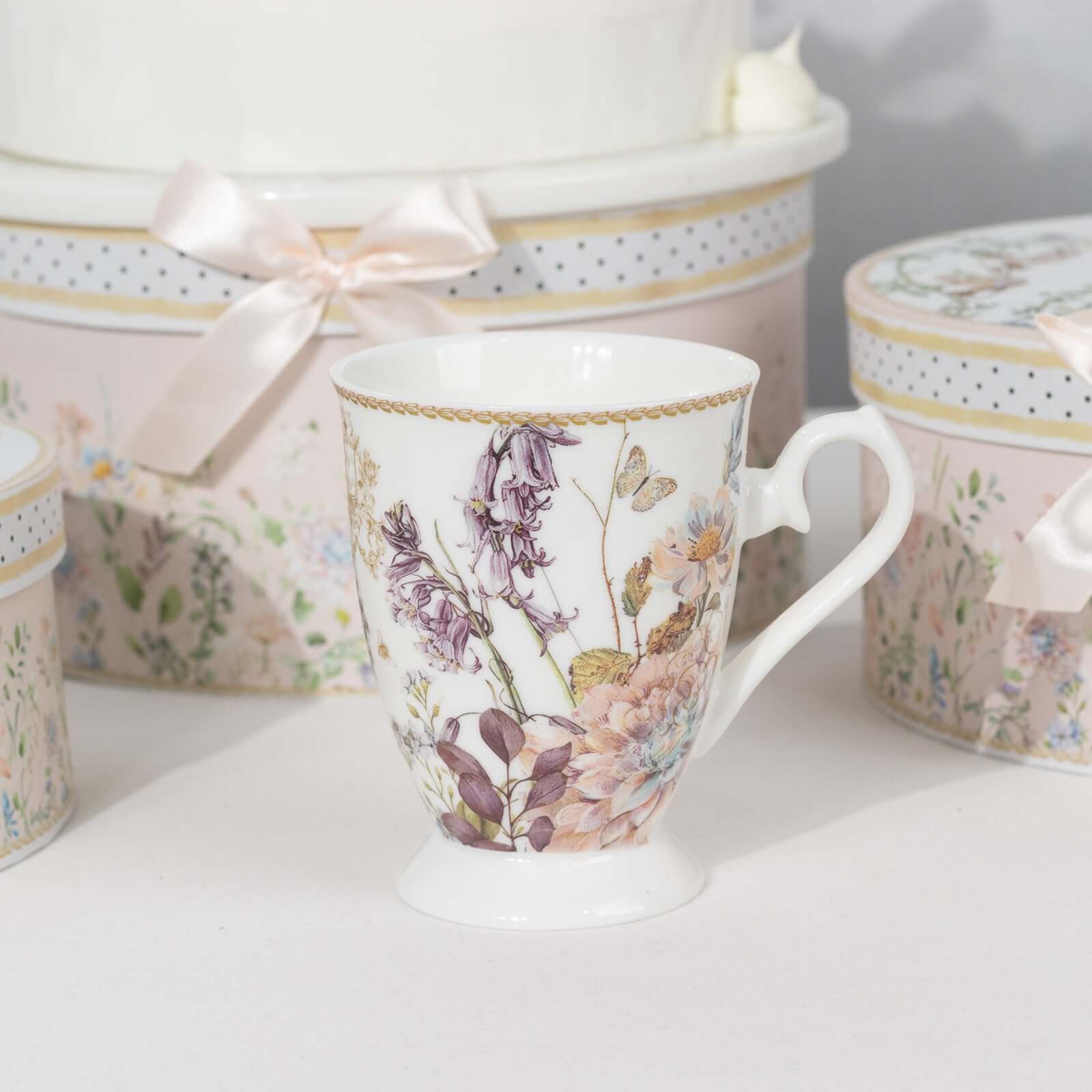 Blush Floral Design Bridal Shower Gift Set, 2 Pack Porcelain Coffee Mugs With Matching Keepsake Gift Box and Satin Ribbon Handle - Image 2