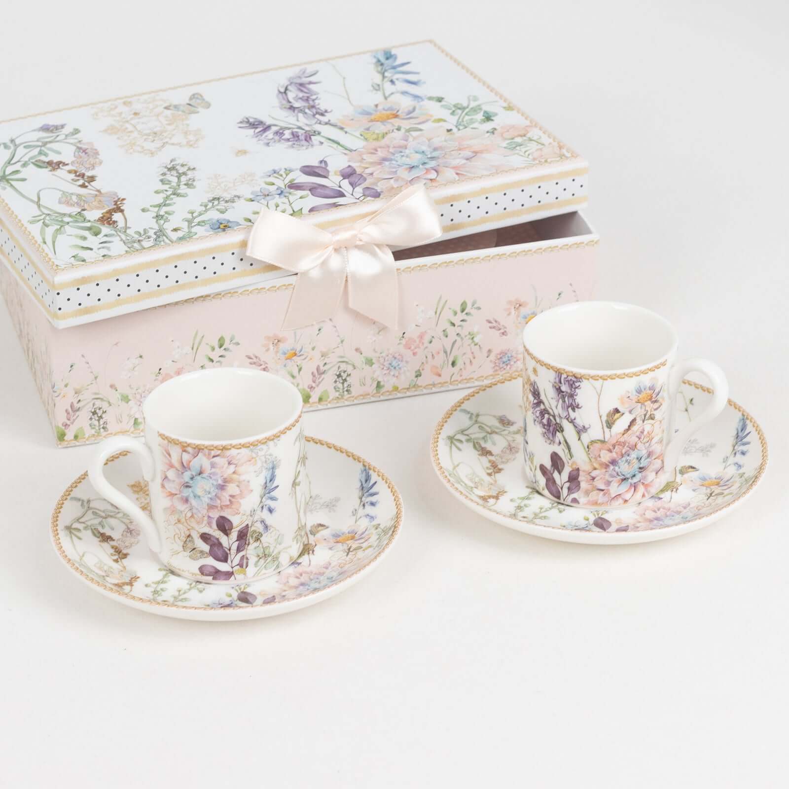 Blush Floral Design Bridal Shower Gift Set, Set of 2 Porcelain Espresso Cups and Saucers with Matching Gift Box - Image 4