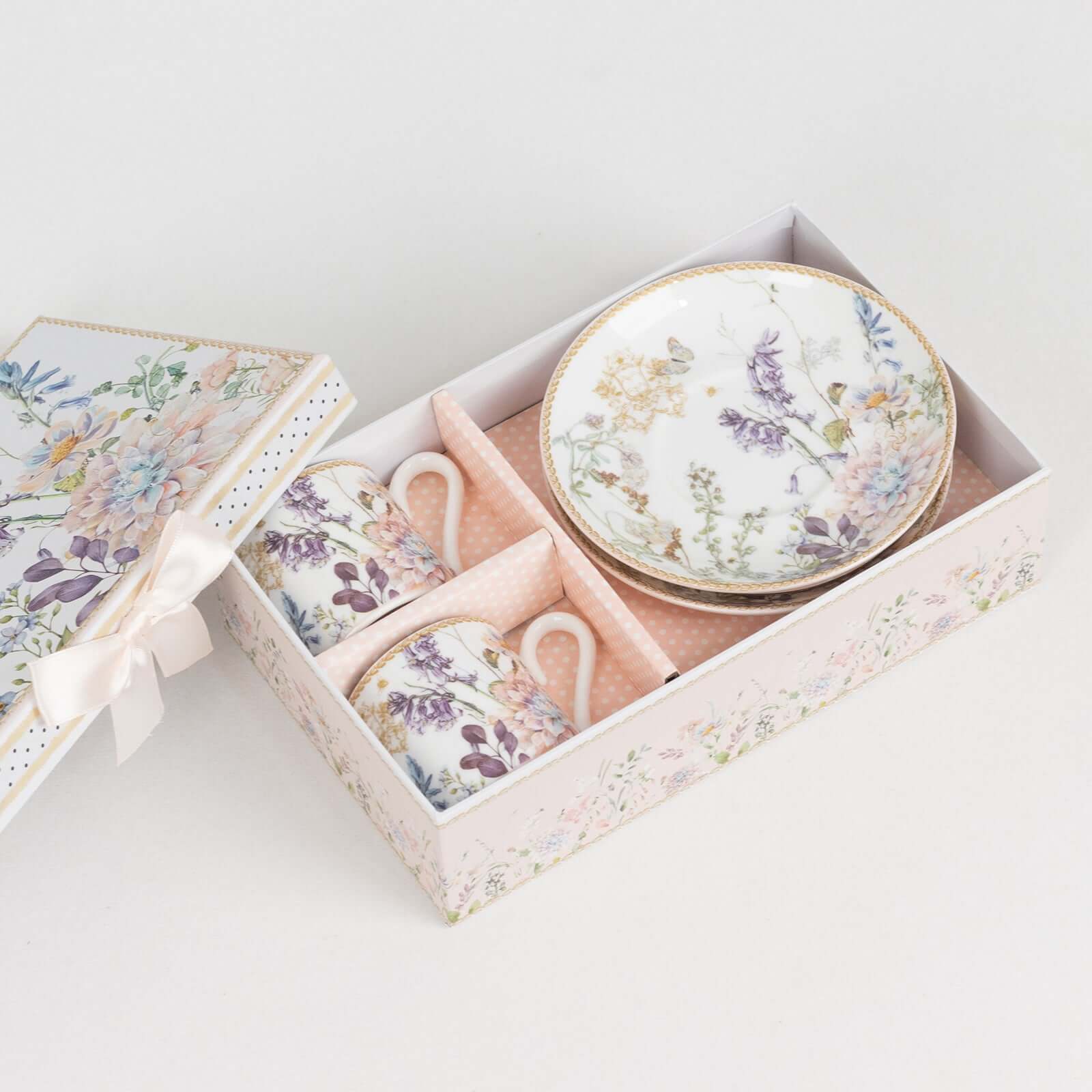 Blush Floral Design Bridal Shower Gift Set, Set of 2 Porcelain Espresso Cups and Saucers with Matching Gift Box - Image 5