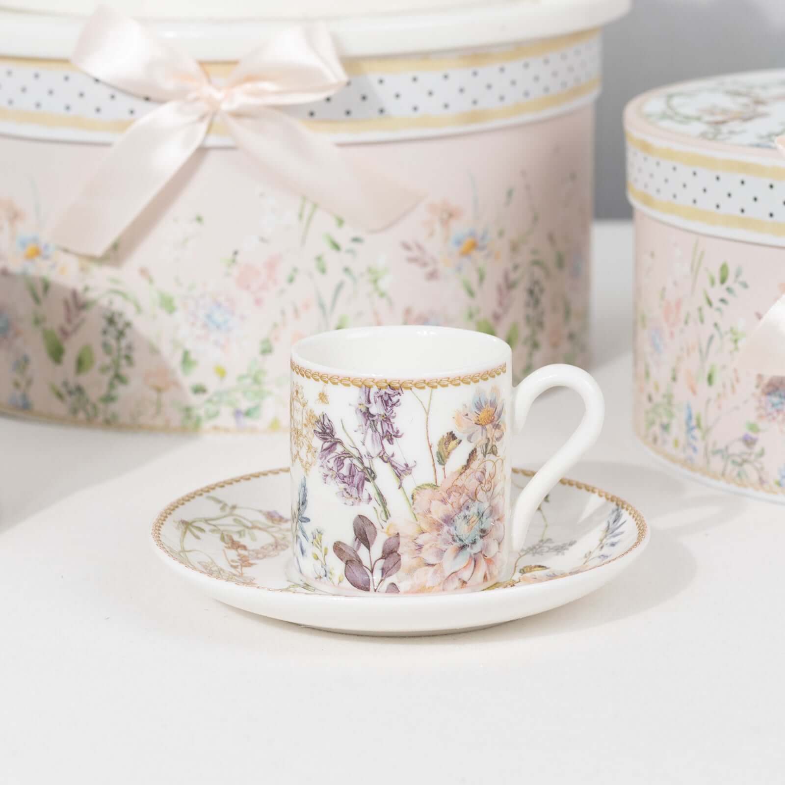 Blush Floral Design Bridal Shower Gift Set, Set of 2 Porcelain Espresso Cups and Saucers with Matching Gift Box - Image 9
