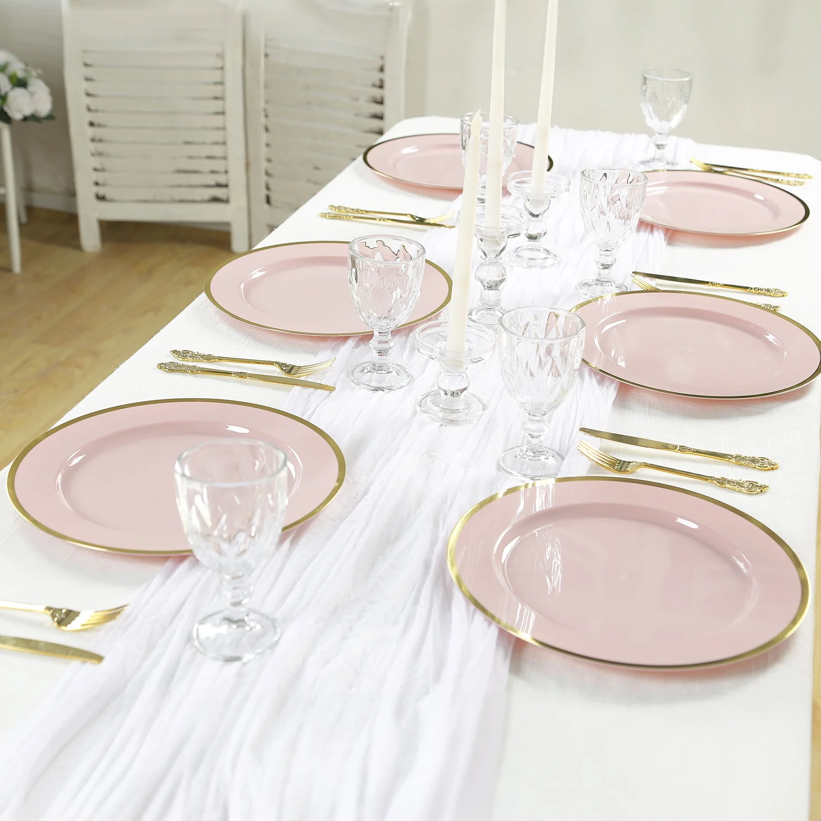 10-Pack Economy Plastic Charger Plates 12" Round Blush with Wide Gold Rim - Dinner Party Serving Plates - Image 2