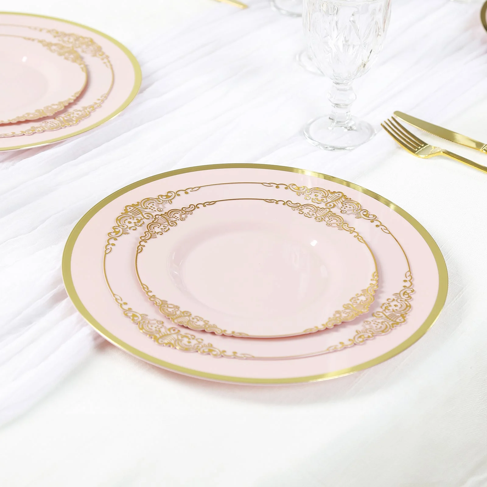 10-Pack Economy Plastic Charger Plates 12" Round Blush with Wide Gold Rim - Dinner Party Serving Plates - Image 7