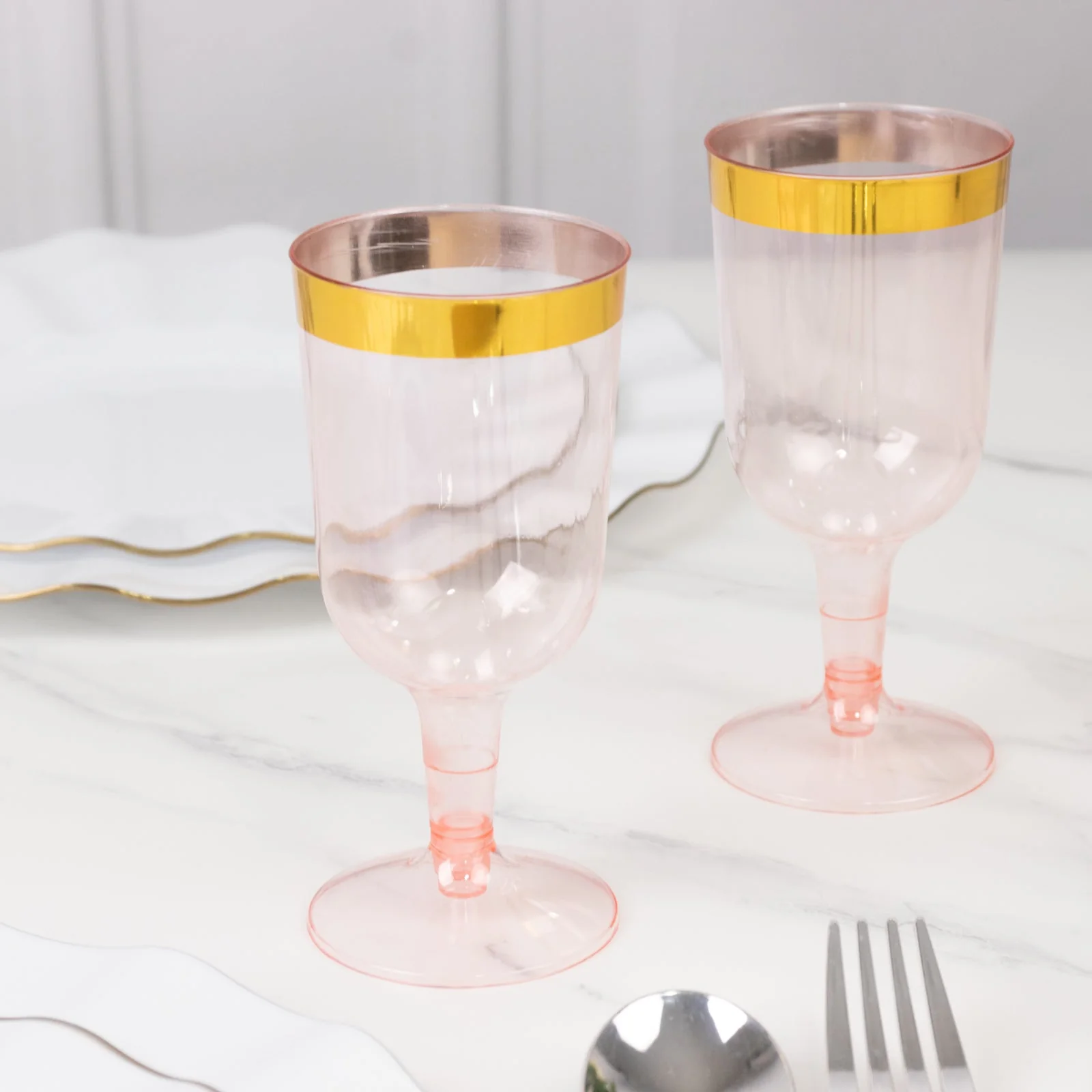 12 Pack Plastic Short Stem Wine Glasses 6oz Transparent Blush/Gold Rim - Disposable Cups for Parties - Image 3