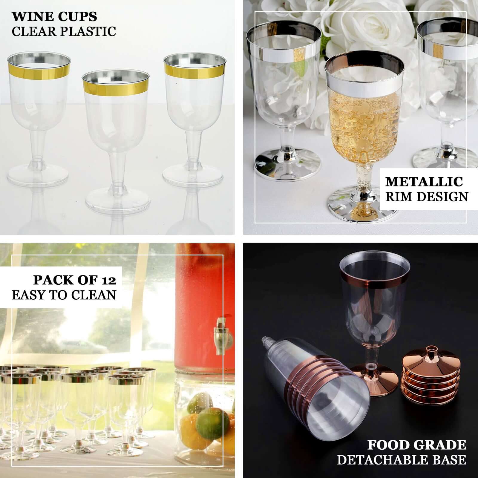 12 Pack Plastic Short Stem Wine Glasses 6oz Transparent Blush/Gold Rim - Disposable Cups for Parties - Image 4