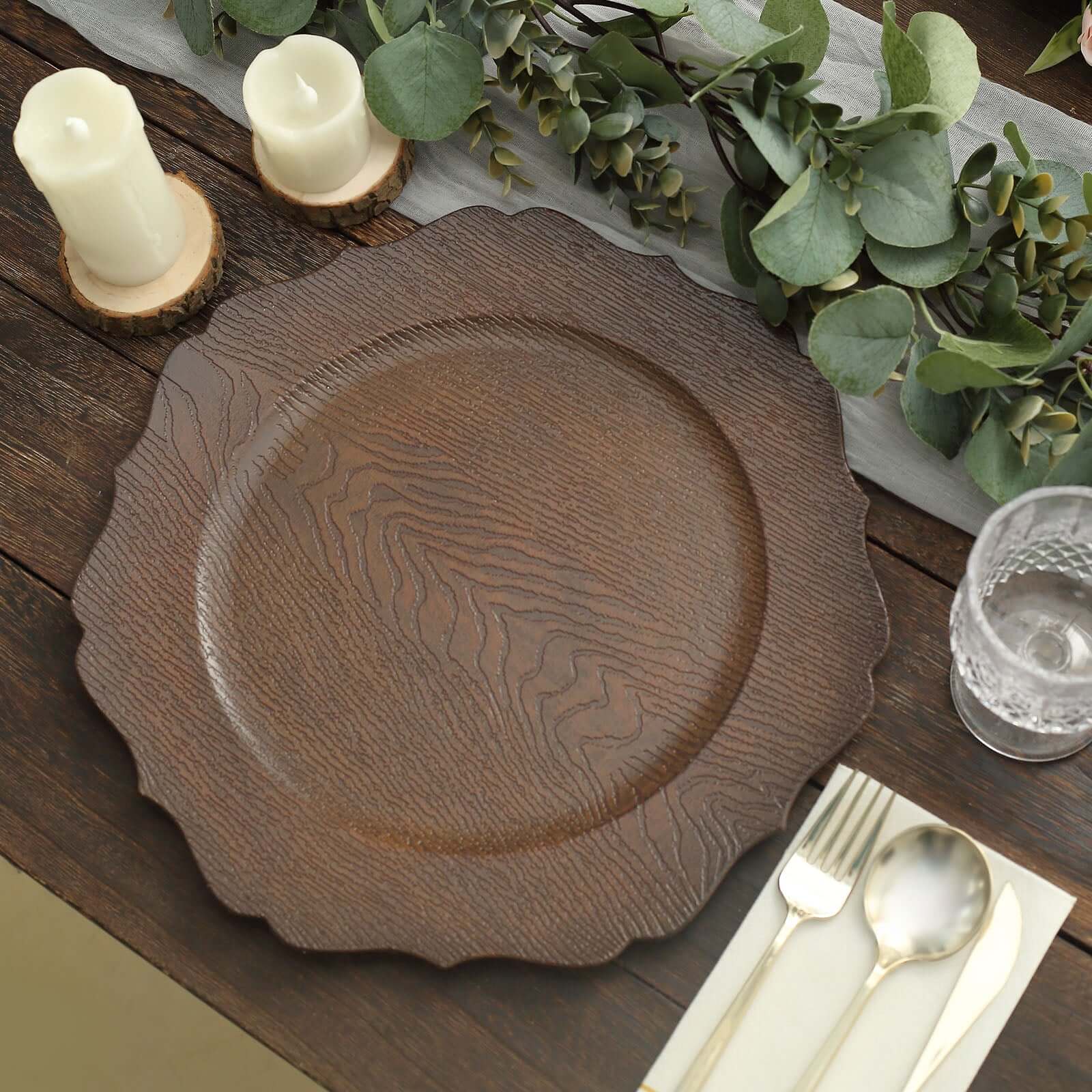 6-Pack Acrylic Charger Plates 13" Round Rustic Brown with Wood Grain Scalloped Rim - Dinner Charger Tableware - Image 2