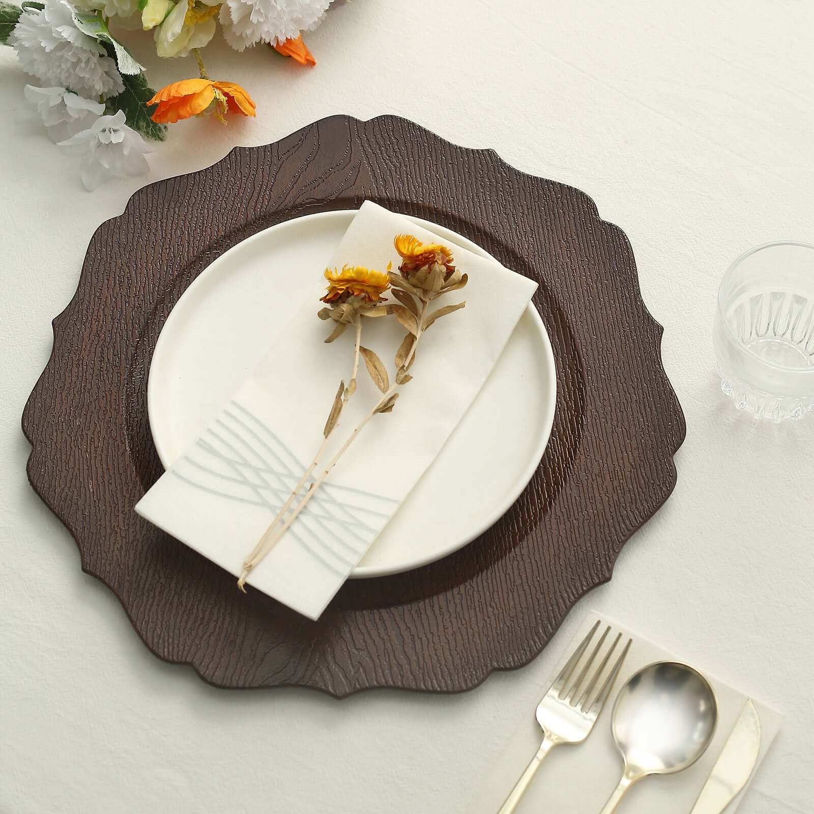 6-Pack Acrylic Charger Plates 13" Round Rustic Brown with Wood Grain Scalloped Rim - Dinner Charger Tableware - Image 9