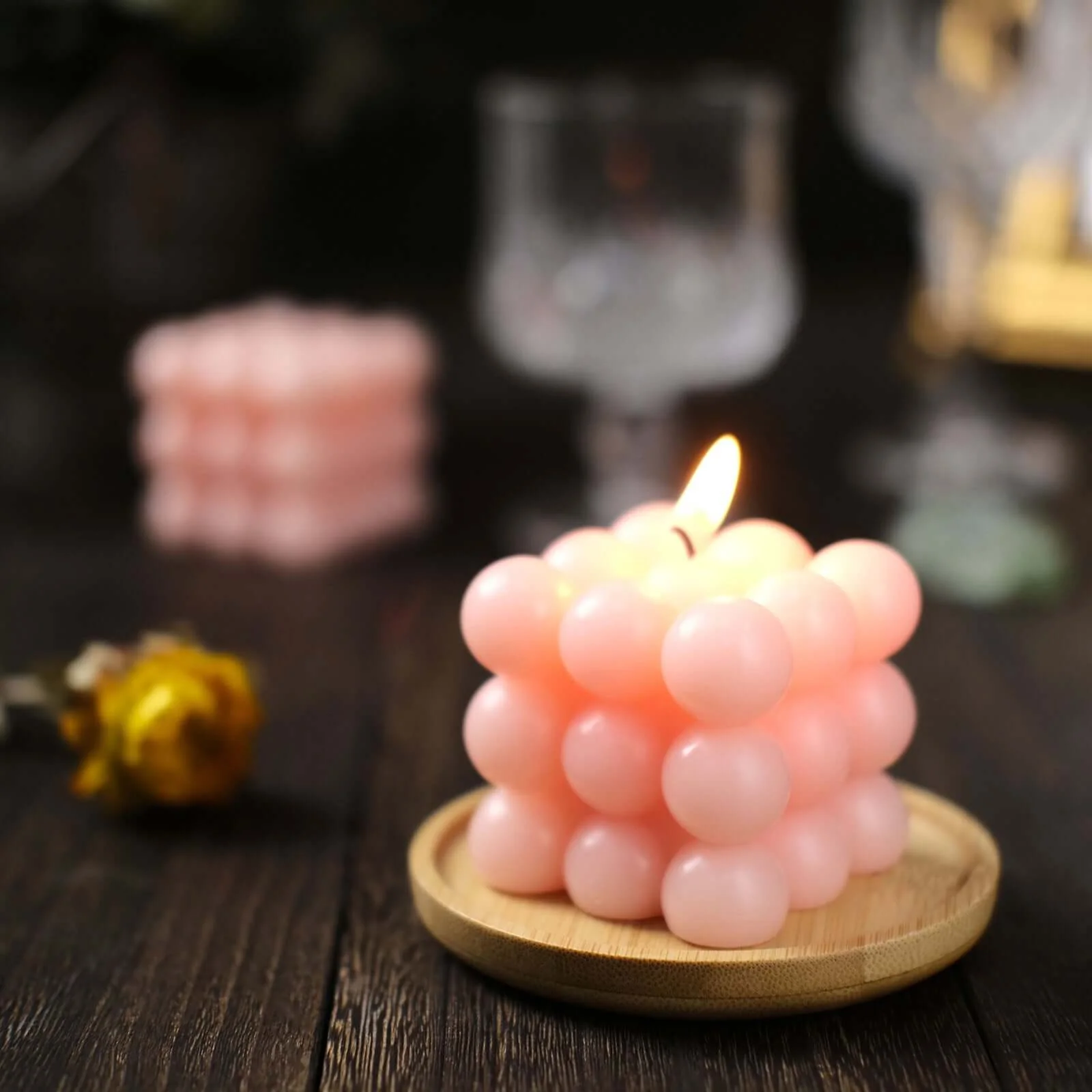 2-Pack Decorative Paraffin Wax Candles 2" Bubble Cube Design Blush - Unscented Long Burning Pillar Candle Set - Image 13