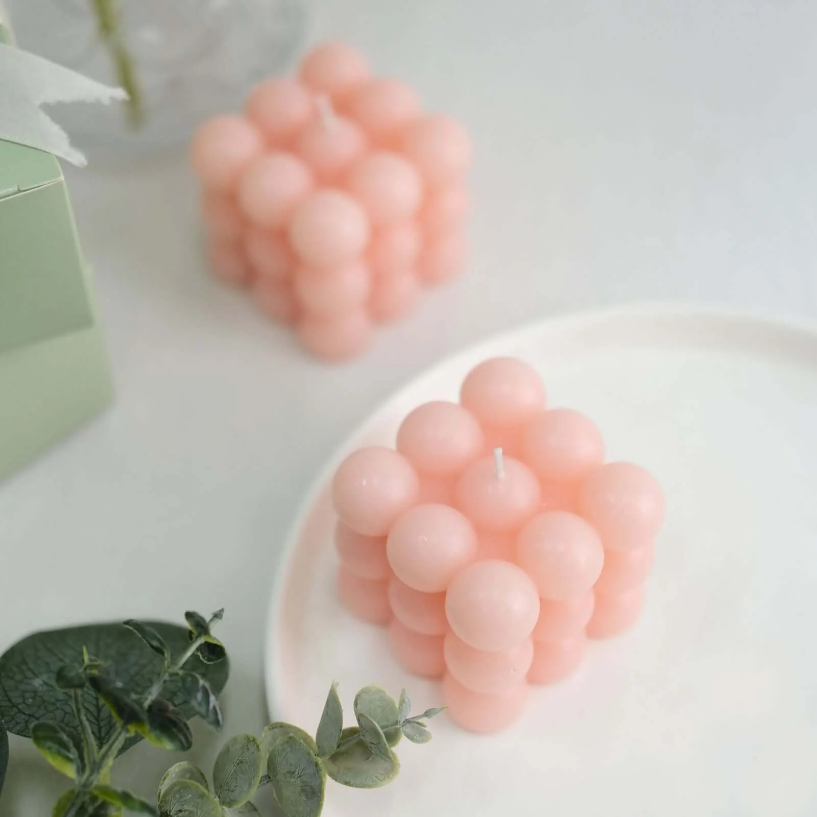 2-Pack Decorative Paraffin Wax Candles 2" Bubble Cube Design Blush - Unscented Long Burning Pillar Candle Set - Image 2