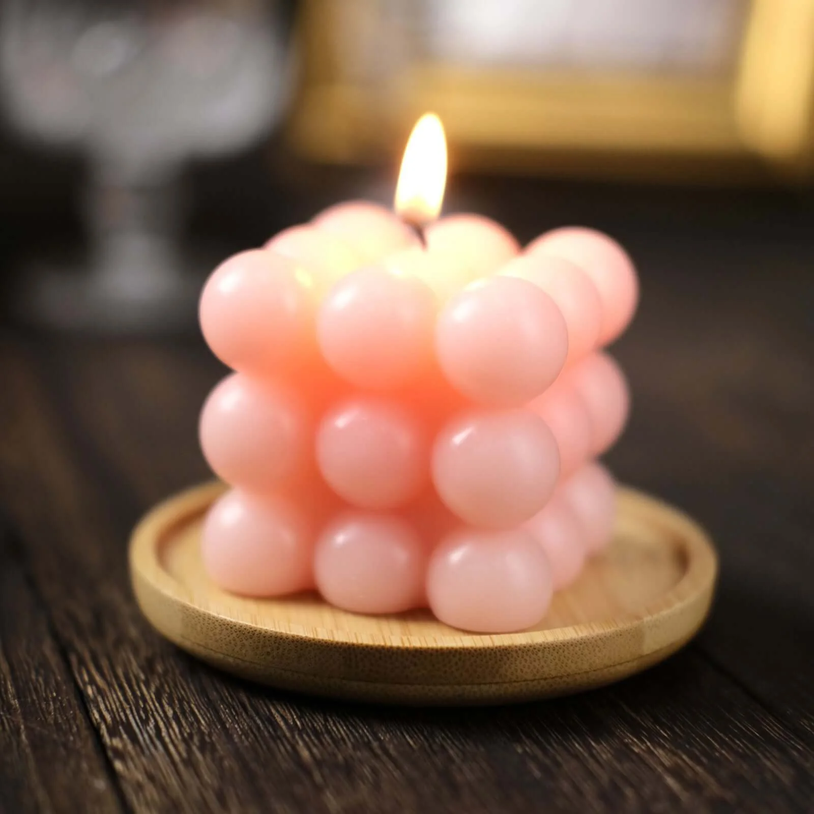 2-Pack Decorative Paraffin Wax Candles 2" Bubble Cube Design Blush - Unscented Long Burning Pillar Candle Set - Image 6