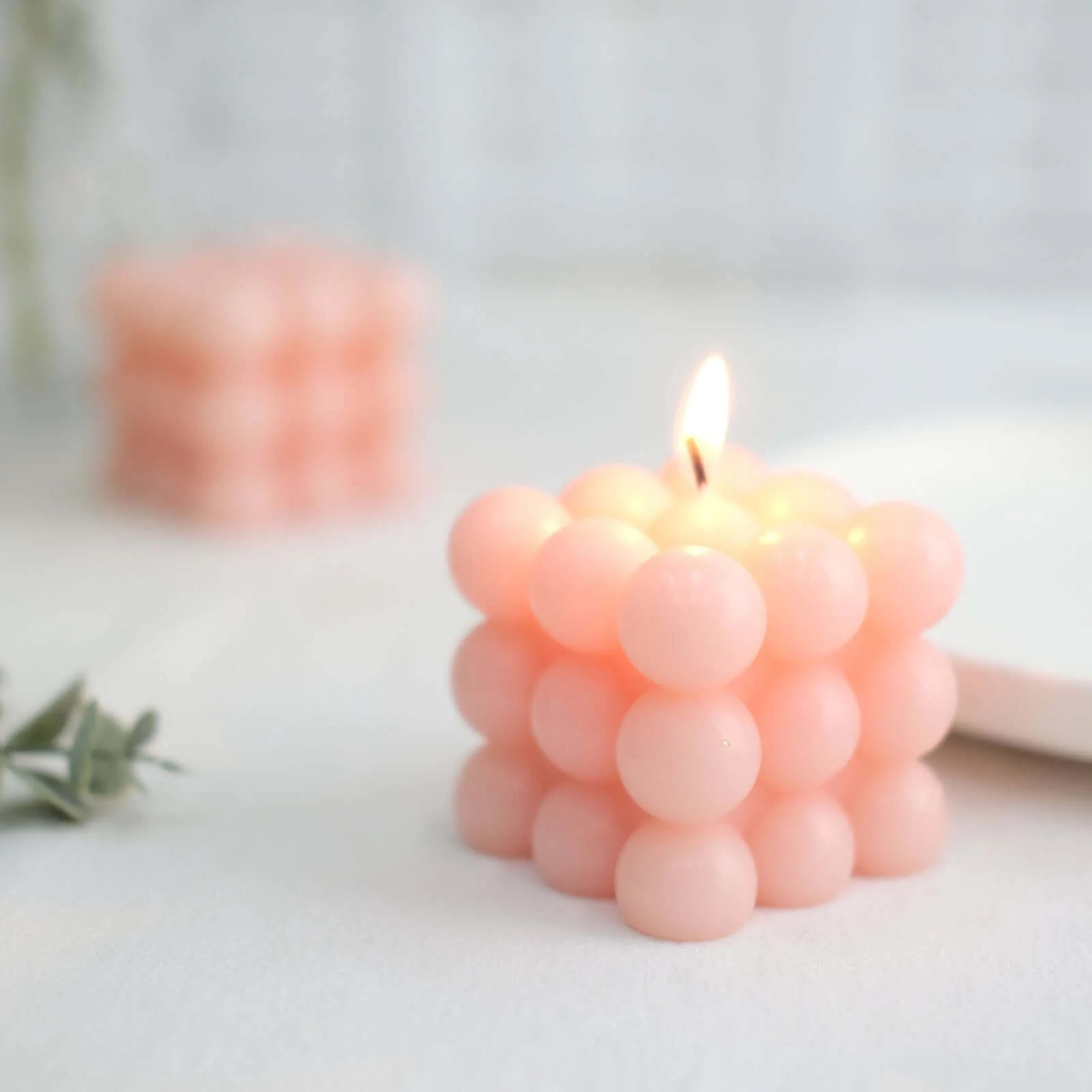 2-Pack Decorative Paraffin Wax Candles 2" Bubble Cube Design Blush - Unscented Long Burning Pillar Candle Set - Image 9