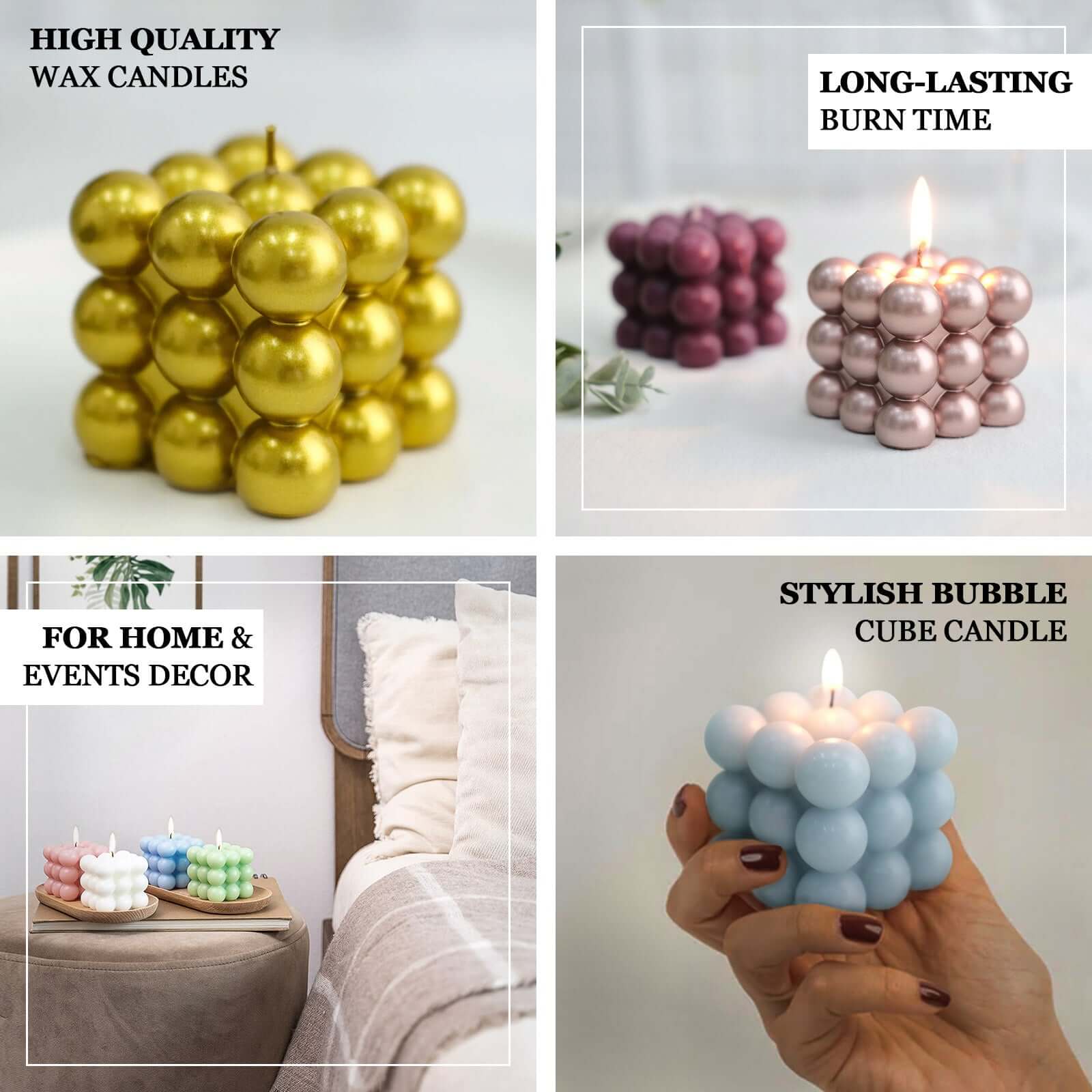 2-Pack Decorative Paraffin Wax Candles 2" Bubble Cube Design Burgundy - Unscented Long Burning Pillar Candle Set - Image 4