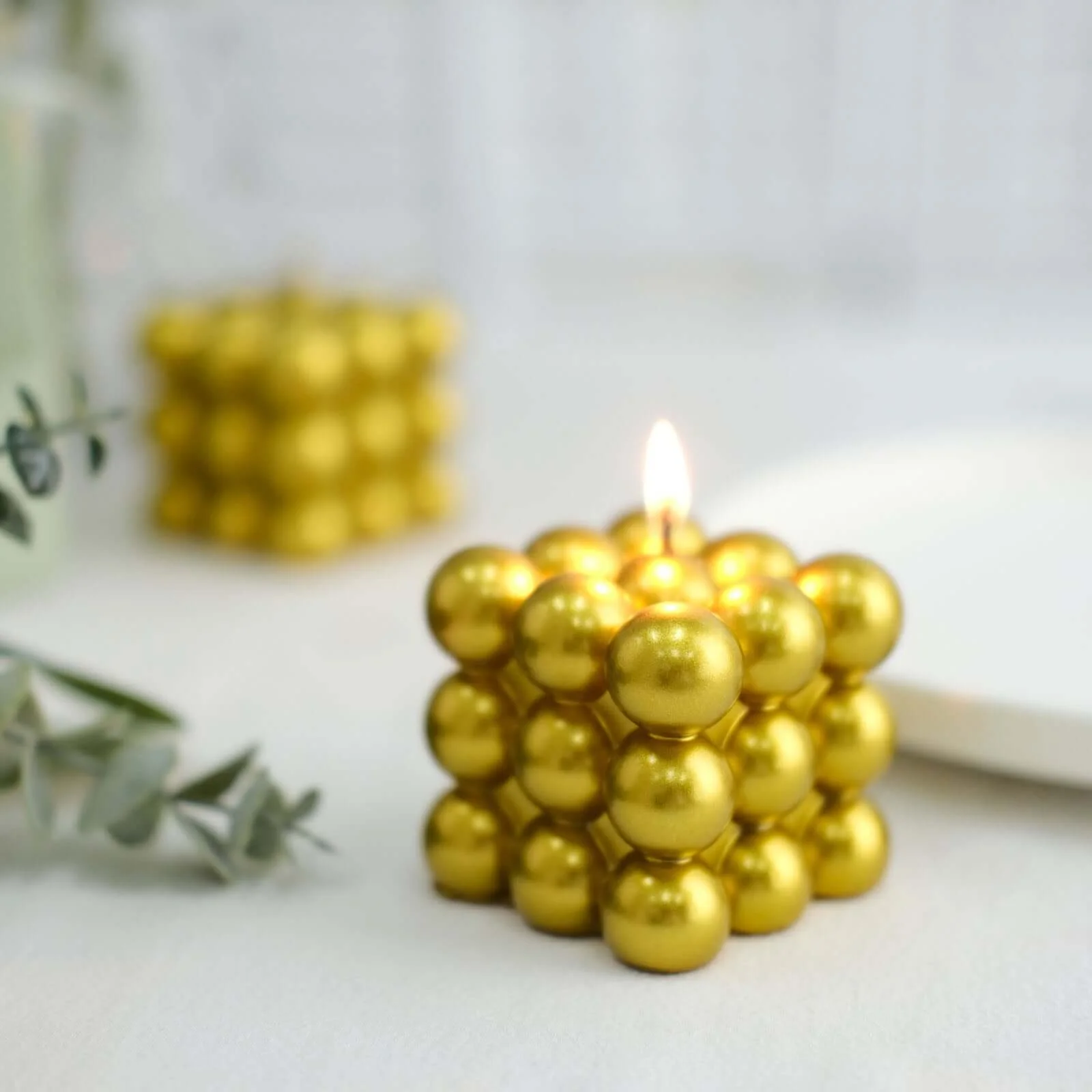 2-Pack Decorative Paraffin Wax Candles 2" Bubble Cube Design Metallic Gold - Unscented Long Burning Pillar Candle Set - Image 10