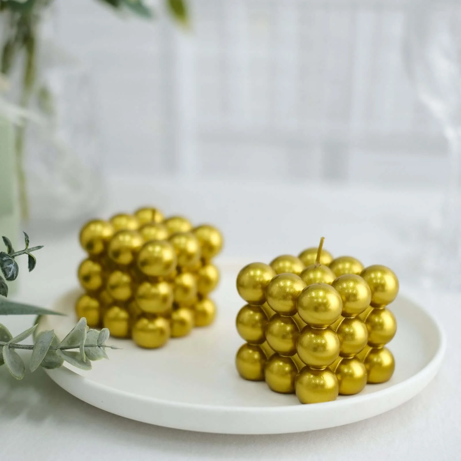 2-Pack Decorative Paraffin Wax Candles 2" Bubble Cube Design Metallic Gold - Unscented Long Burning Pillar Candle Set - Image 9