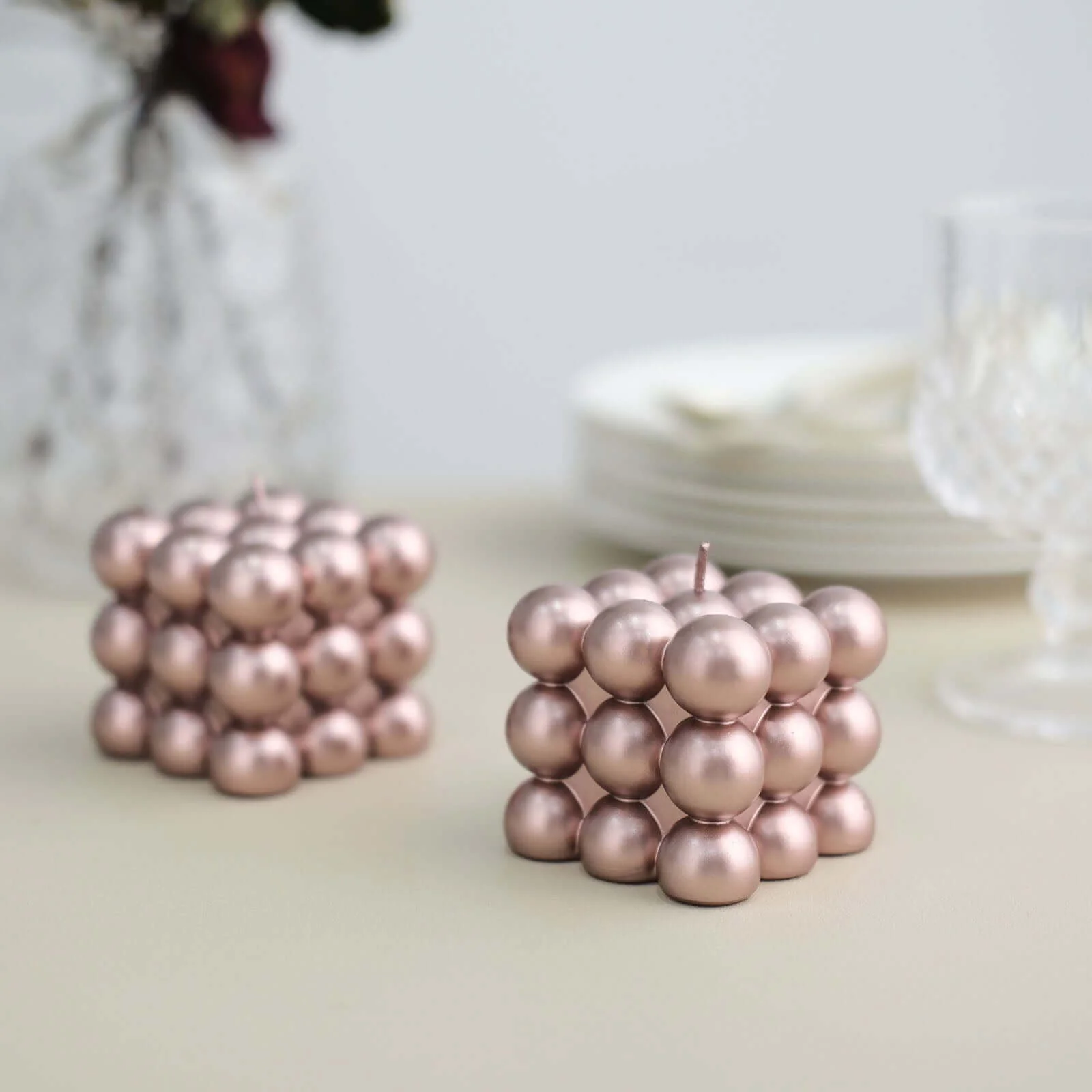2-Pack Decorative Paraffin Wax Candles 2" Bubble Cube Design Metallic Rose Gold - Unscented Long Burning Pillar Candle Set - Image 11