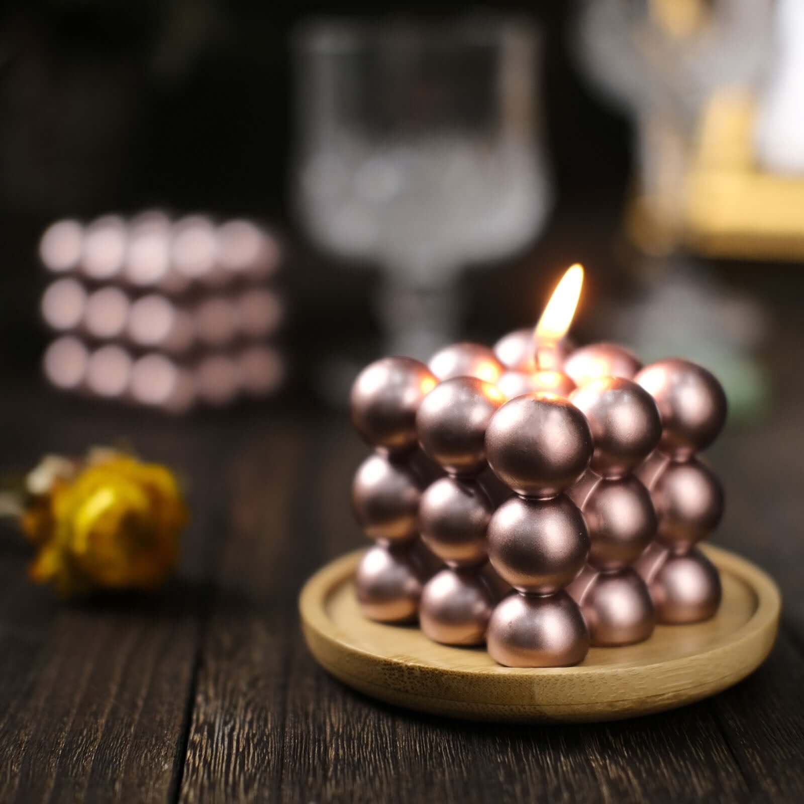 2-Pack Decorative Paraffin Wax Candles 2" Bubble Cube Design Metallic Rose Gold - Unscented Long Burning Pillar Candle Set - Image 13
