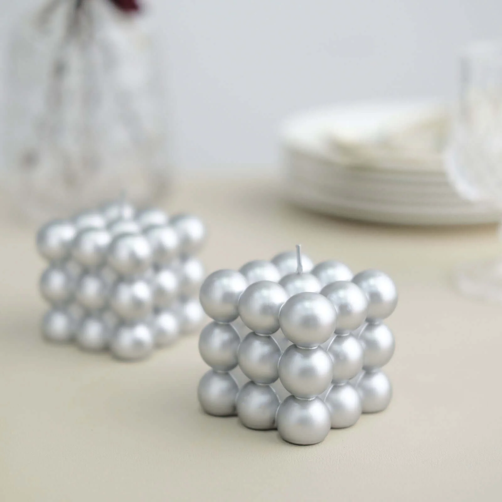 2-Pack Decorative Paraffin Wax Candles 2" Bubble Cube Design Metallic Silver - Unscented Long Burning Pillar Candle Set - Image 10