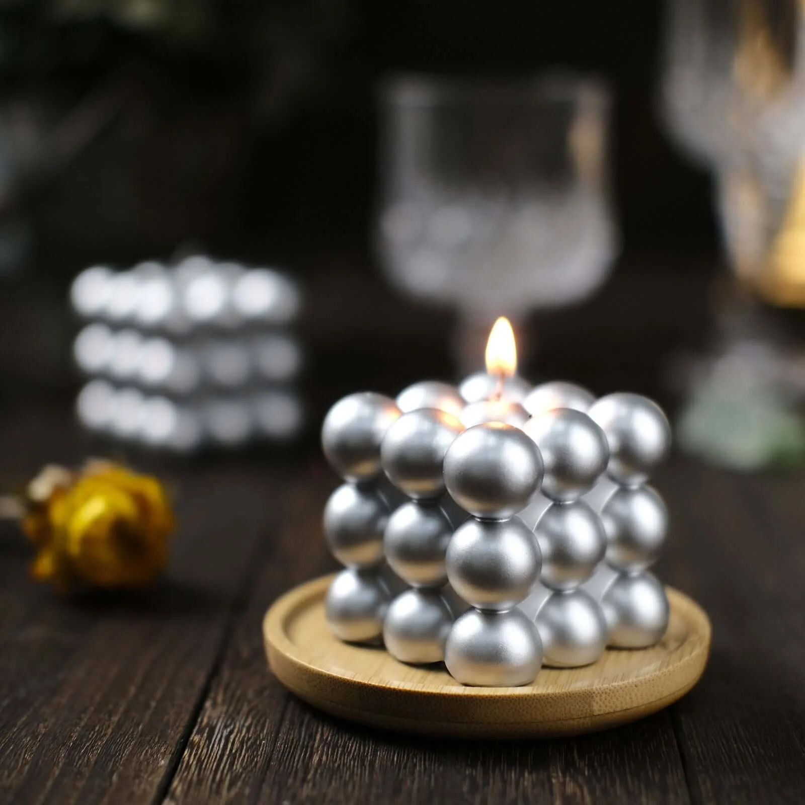 2-Pack Decorative Paraffin Wax Candles 2" Bubble Cube Design Metallic Silver - Unscented Long Burning Pillar Candle Set - Image 13