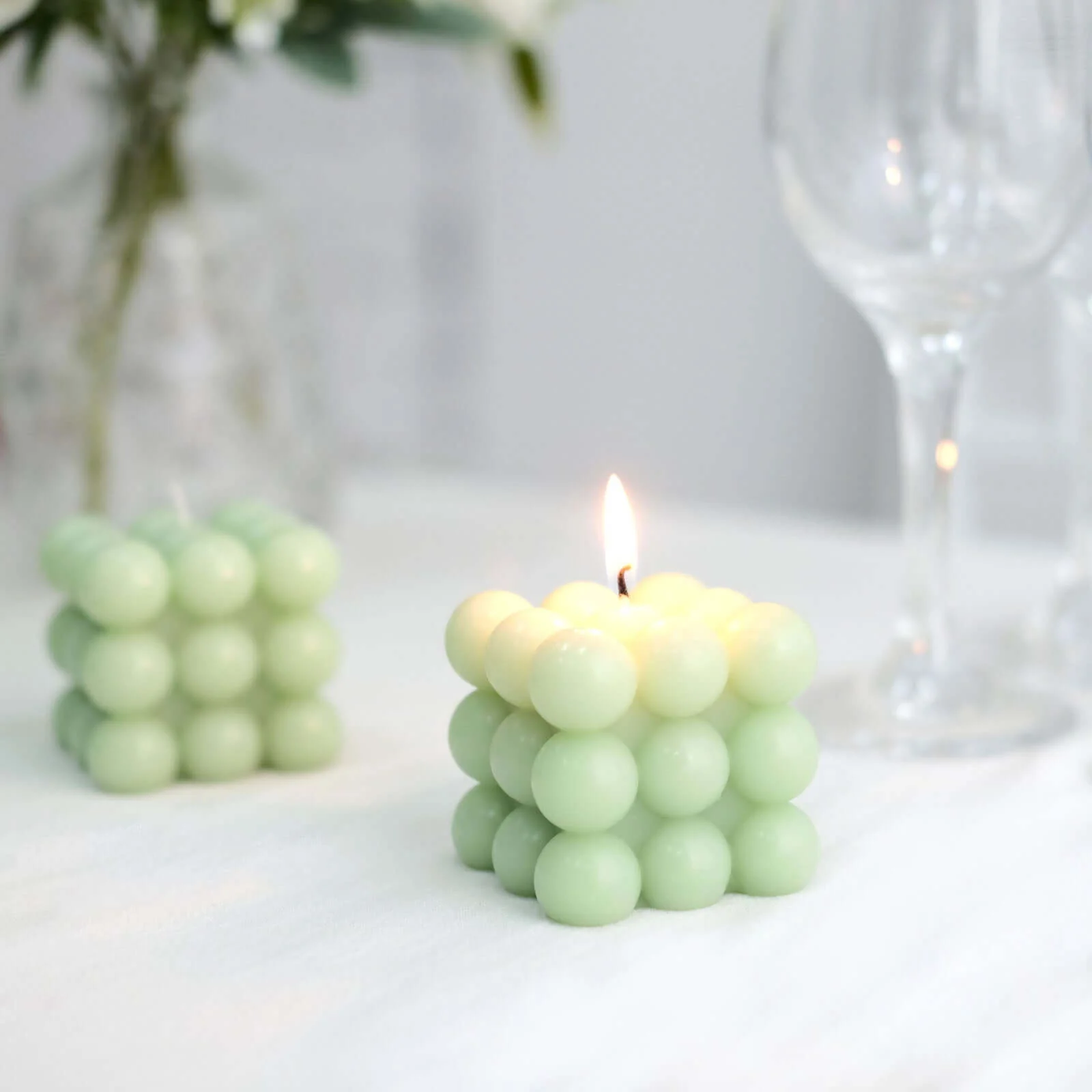 2-Pack Decorative Paraffin Wax Candles 2" Bubble Cube Design Sage Green - Unscented Long Burning Pillar Candle Set