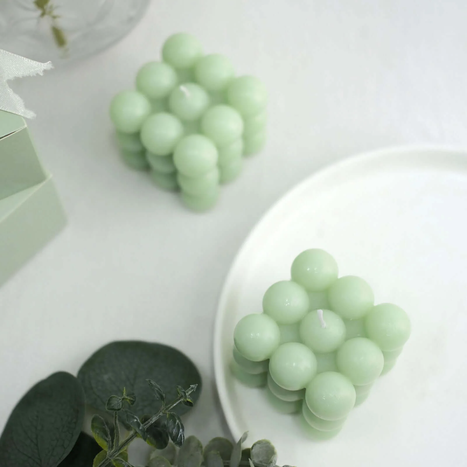 2-Pack Decorative Paraffin Wax Candles 2" Bubble Cube Design Sage Green - Unscented Long Burning Pillar Candle Set - Image 2