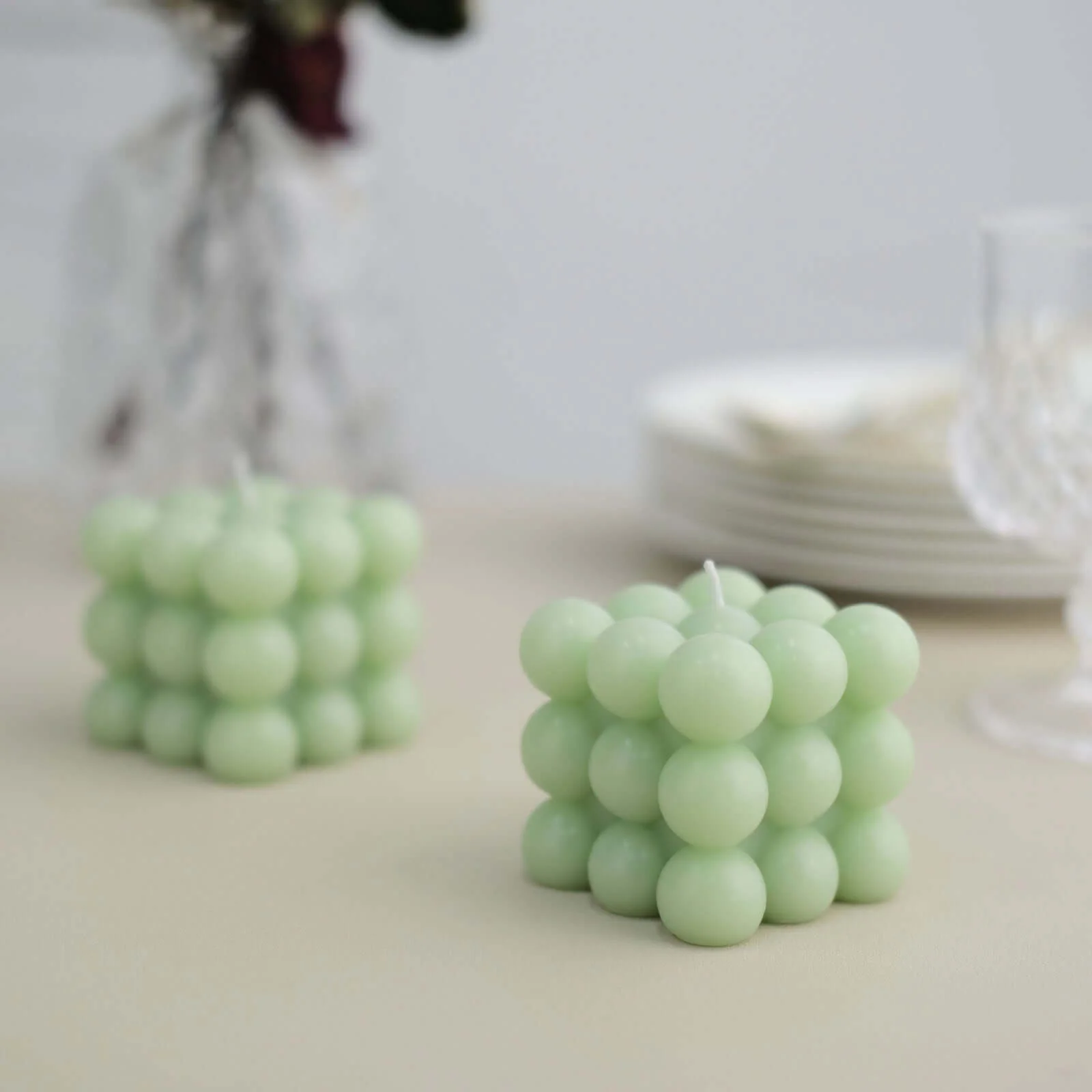 2-Pack Decorative Paraffin Wax Candles 2" Bubble Cube Design Sage Green - Unscented Long Burning Pillar Candle Set - Image 8