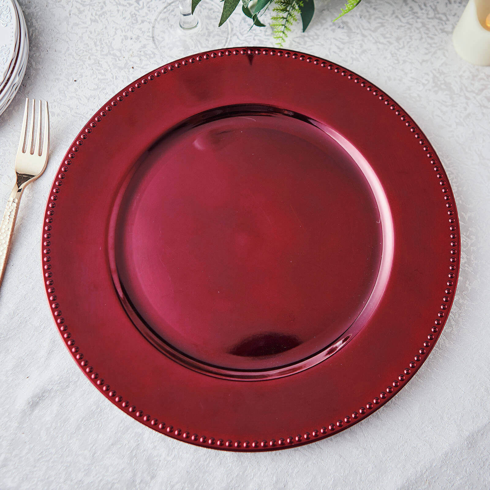6-Pack Acrylic Charger Plates 13" Round Burgundy Beaded Rim - Dinner Charger Tabletop Decor