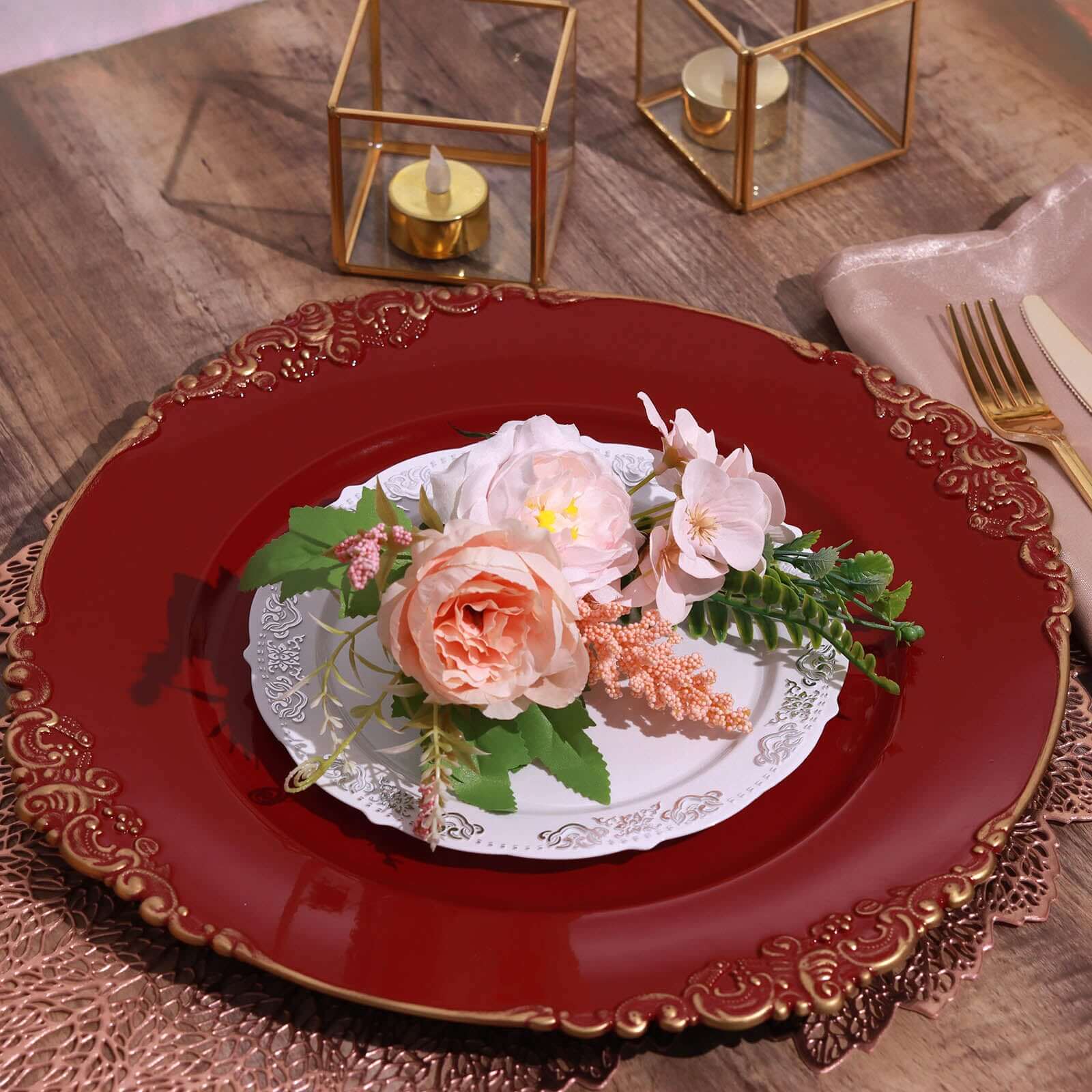 6-Pack Acrylic Charger Plates 13" Round Burgundy with Gold Embossed Baroque Rim - Antique Decorative Dinner Tableware - Image 2