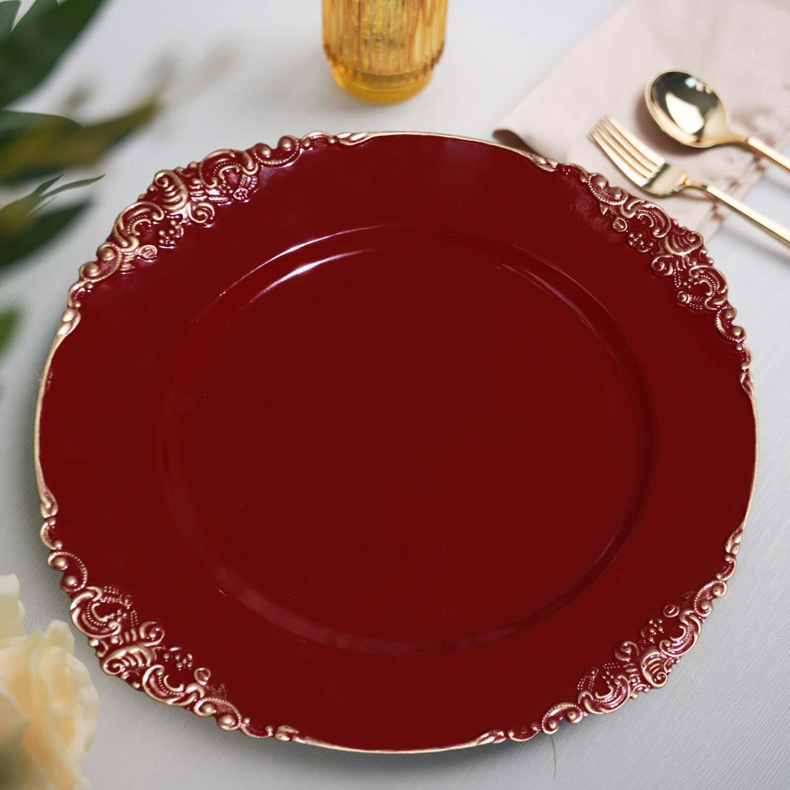 6-Pack Acrylic Charger Plates 13" Round Burgundy with Gold Embossed Baroque Rim - Antique Decorative Dinner Tableware - Image 6