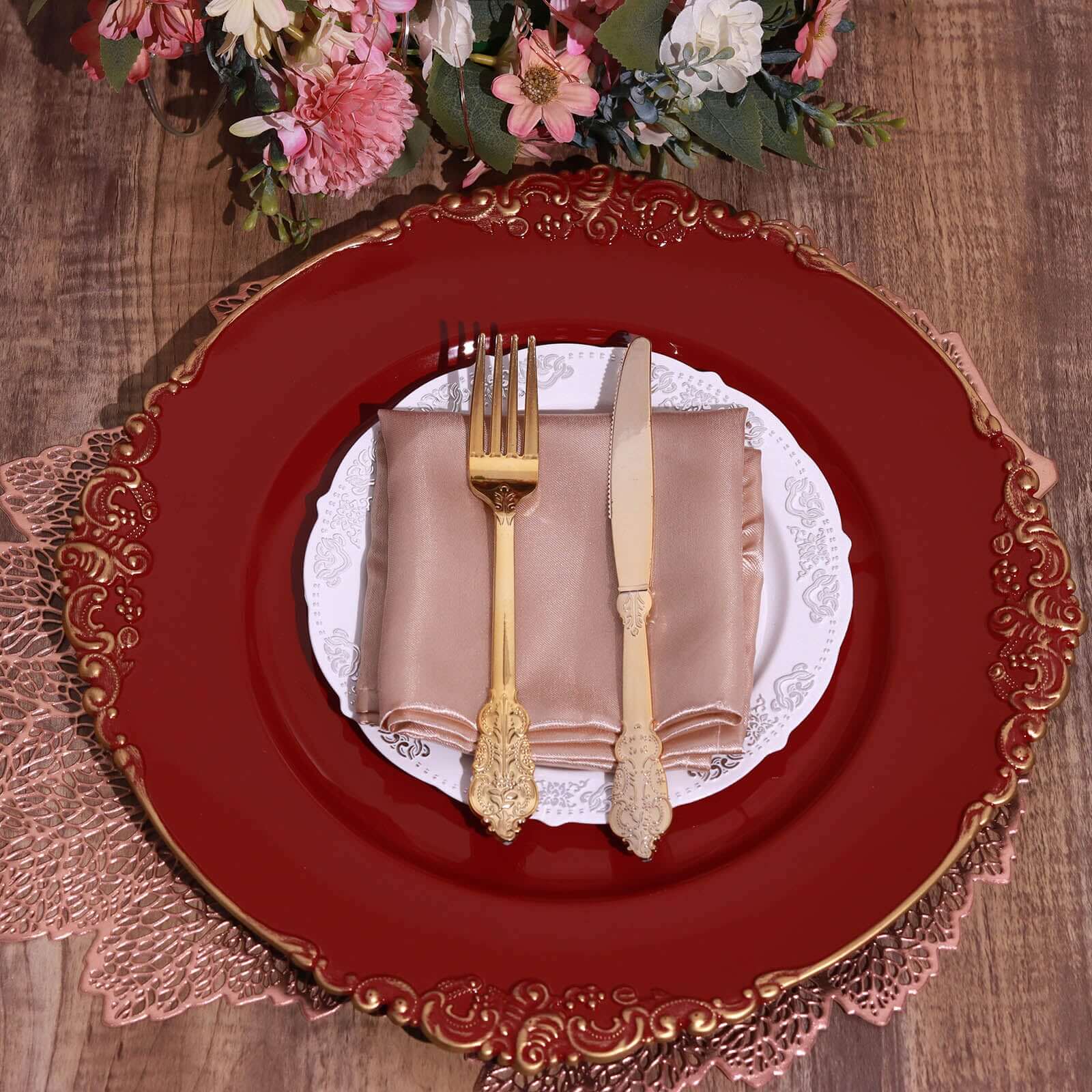 6-Pack Acrylic Charger Plates 13" Round Burgundy with Gold Embossed Baroque Rim - Antique Decorative Dinner Tableware - Image 8